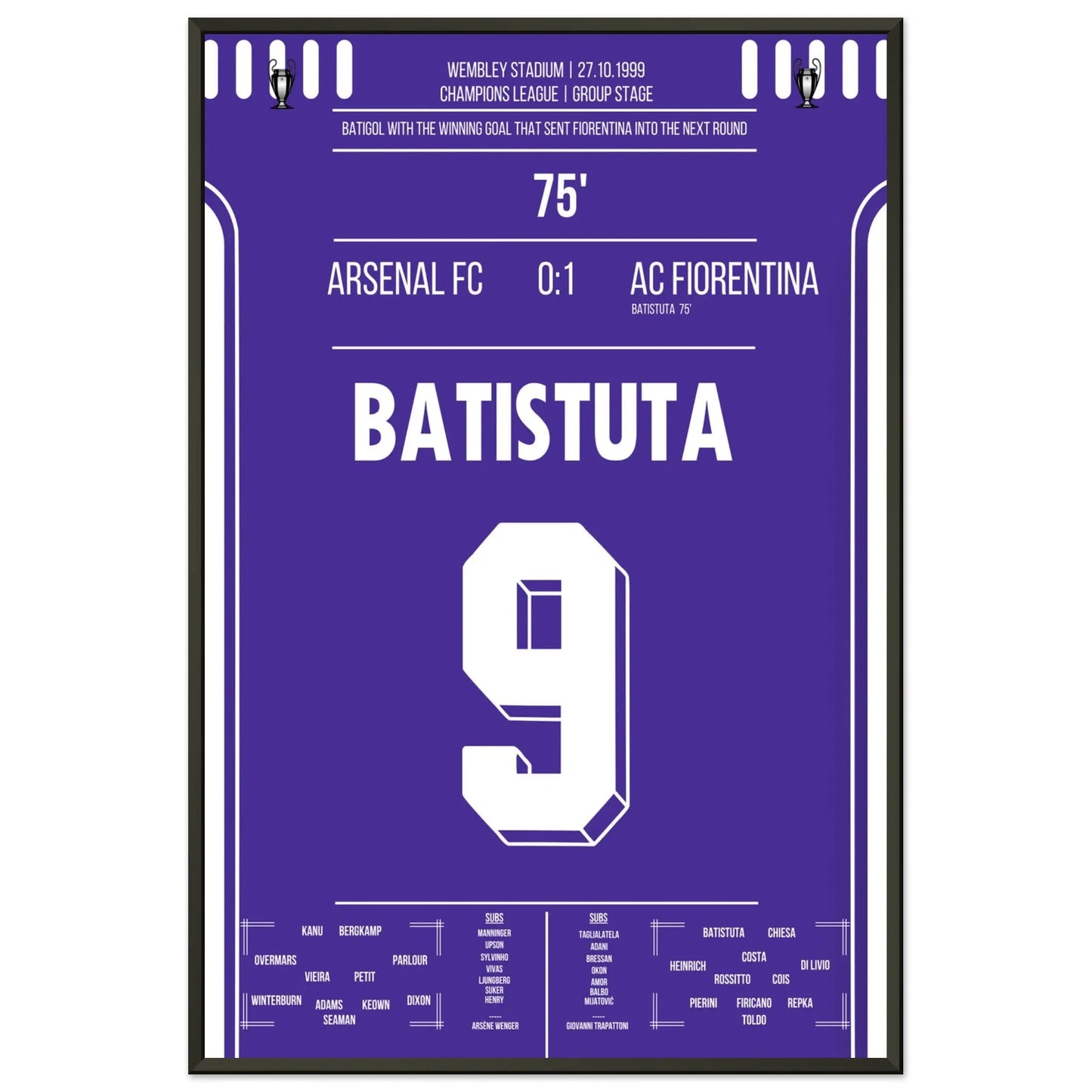 Batistuta schießt die Fiorentina in die nächste Runde Champions League 1999/00 60x90-cm-24x36-Schwarzer-Aluminiumrahmen