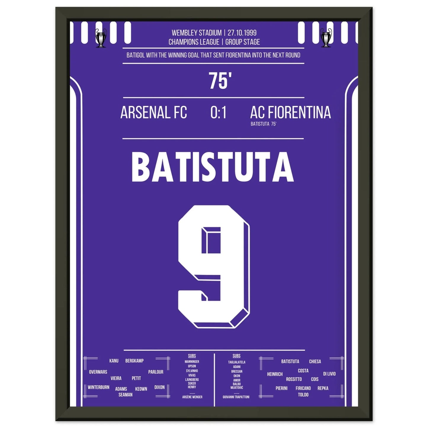 Batistuta schießt die Fiorentina in die nächste Runde Champions League 1999/00 30x40-cm-12x16-Schwarzer-Aluminiumrahmen