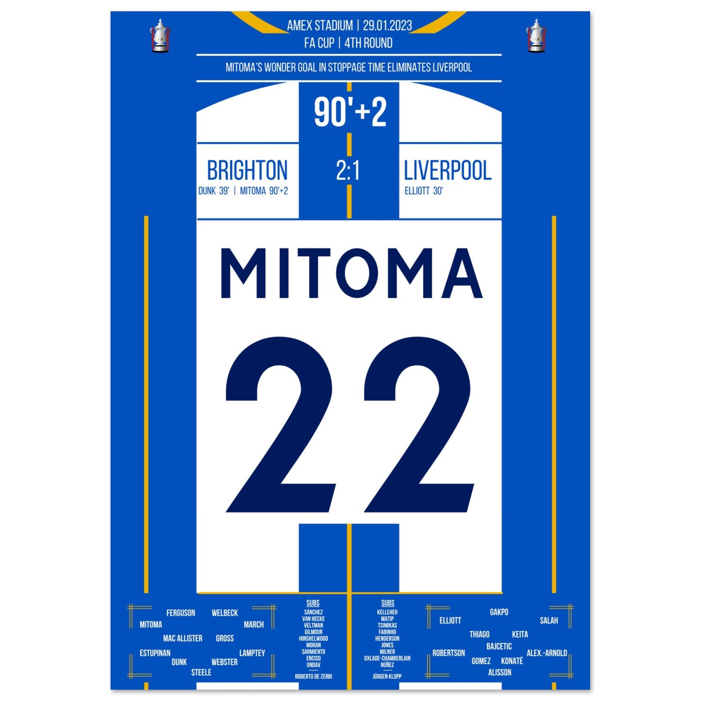 Mitoma's Tor in der Nachspielzeit im FA Cup gegen Liverpool A4-21x29.7-cm-8x12-Ohne-Rahmen