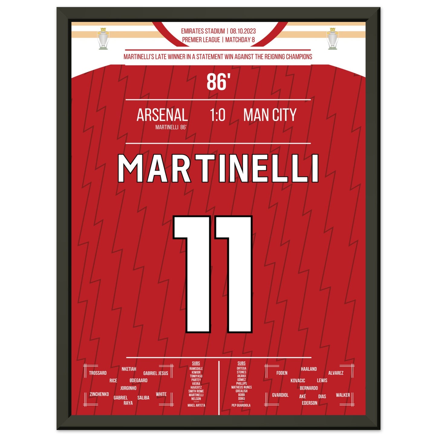 Martinelli's später Siegtreffer gegen Man City 30x40-cm-12x16-Schwarzer-Aluminiumrahmen