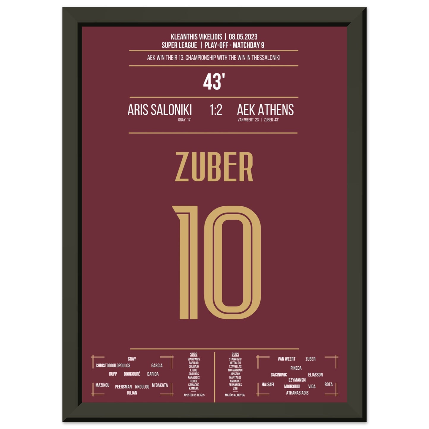 Zuber's Tor zu AEK's 13. Meisterschaft A4-21x29.7-cm-8x12-Schwarzer-Aluminiumrahmen