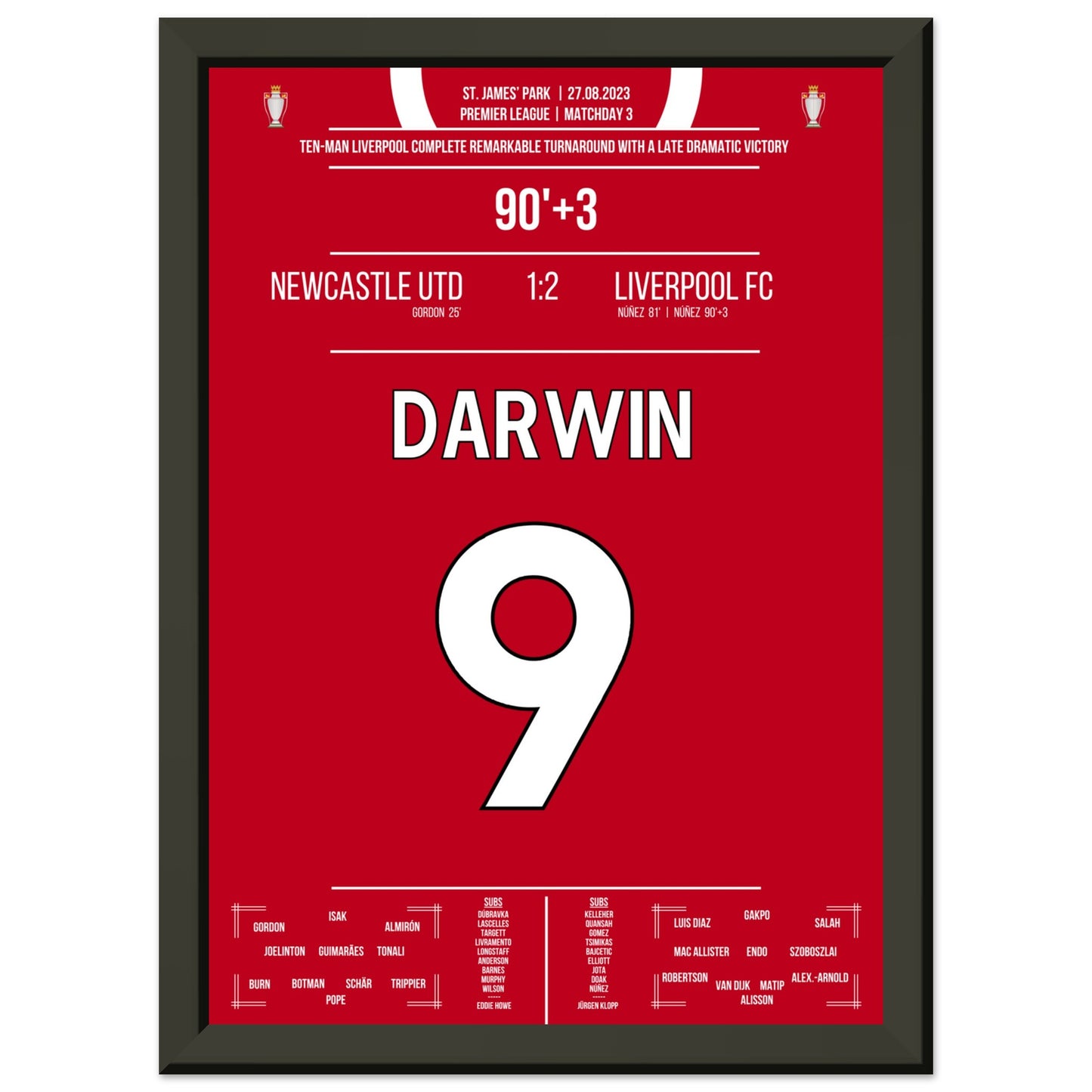 Darwin Nunez' später Doppelpack zum Sieg bei Newcastle 2023 A4-21x29.7-cm-8x12-Schwarzer-Aluminiumrahmen