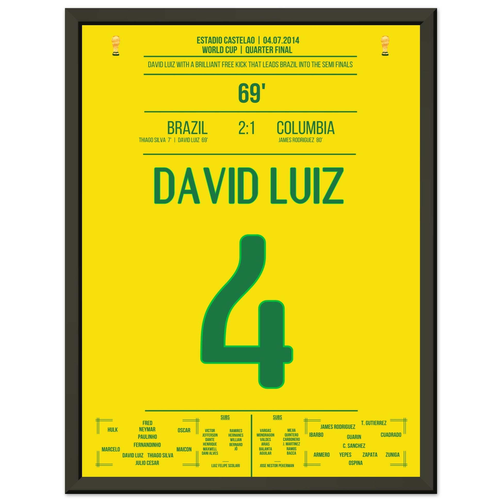David Luiz Freistoß-Tor gegen Kolumbien bei der WM 2014 30x40-cm-12x16-Schwarzer-Aluminiumrahmen