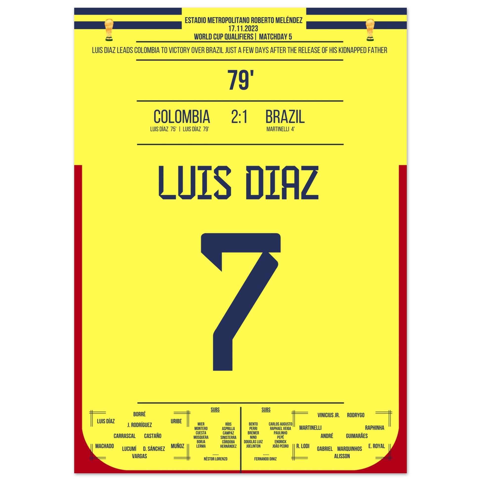 Luis Diaz schießt Kolumbien zum Sieg gegen Brasilien und widmet es seinem Vater 50x70-cm-20x28-Ohne-Rahmen