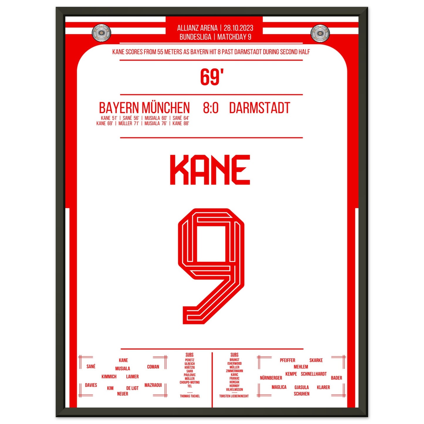 Kane's Traumtor aus 55 Metern bei 8-0 Sieg gegen Darmstadt 45x60-cm-18x24-Schwarzer-Aluminiumrahmen