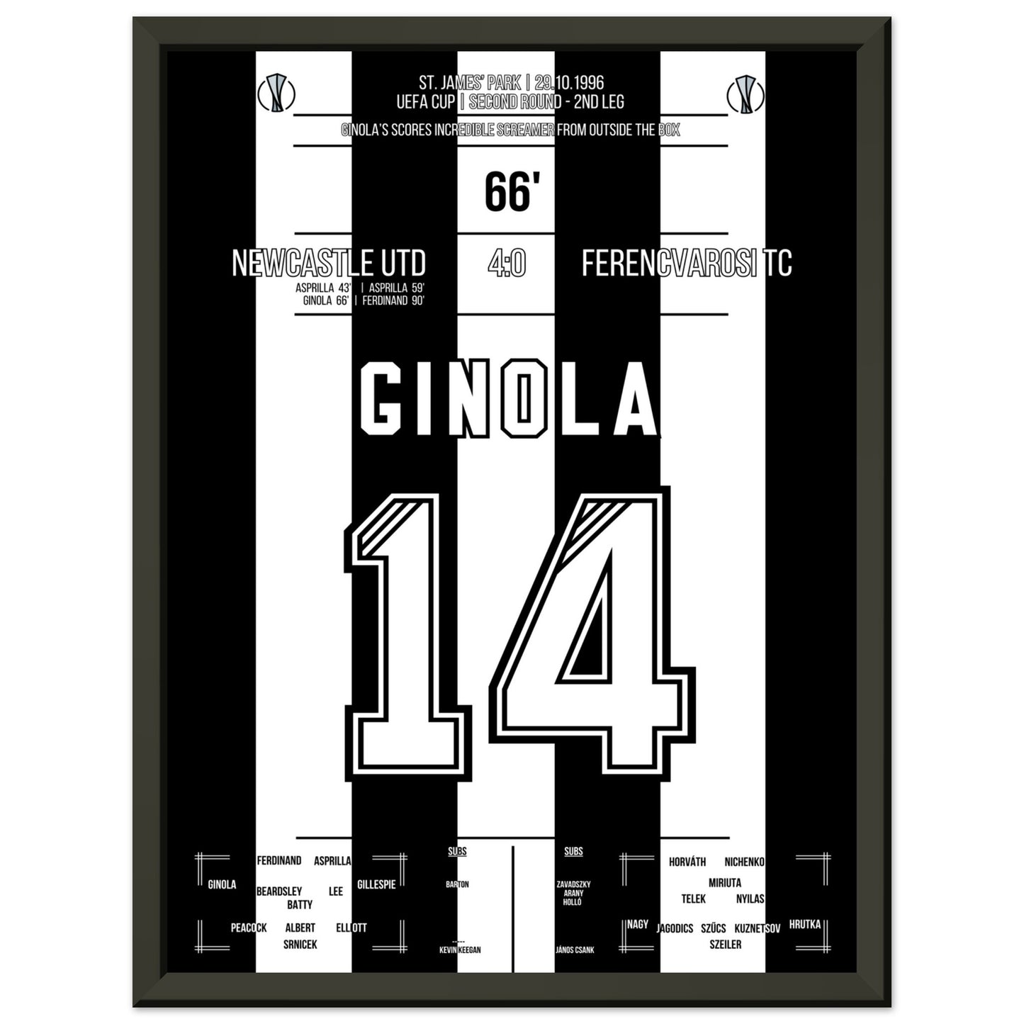 Ginola's Traumtor gegen Ferencvaros 1996 30x40-cm-12x16-Schwarzer-Aluminiumrahmen