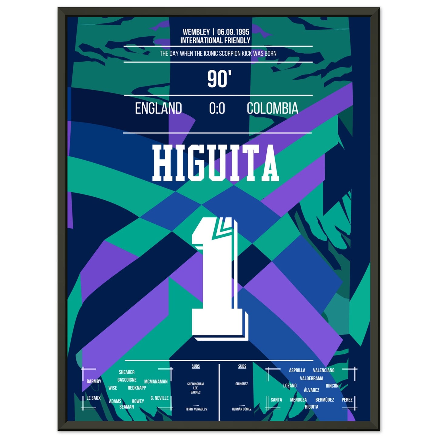 Higuita's Scorpion-Kick gegen England 1996 45x60-cm-18x24-Schwarzer-Aluminiumrahmen