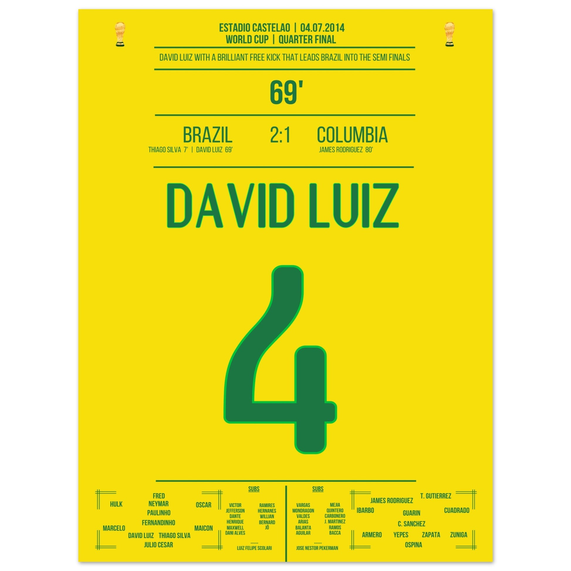 David Luiz Freistoß-Tor gegen Kolumbien bei der WM 2014 30x40-cm-12x16-Ohne-Rahmen