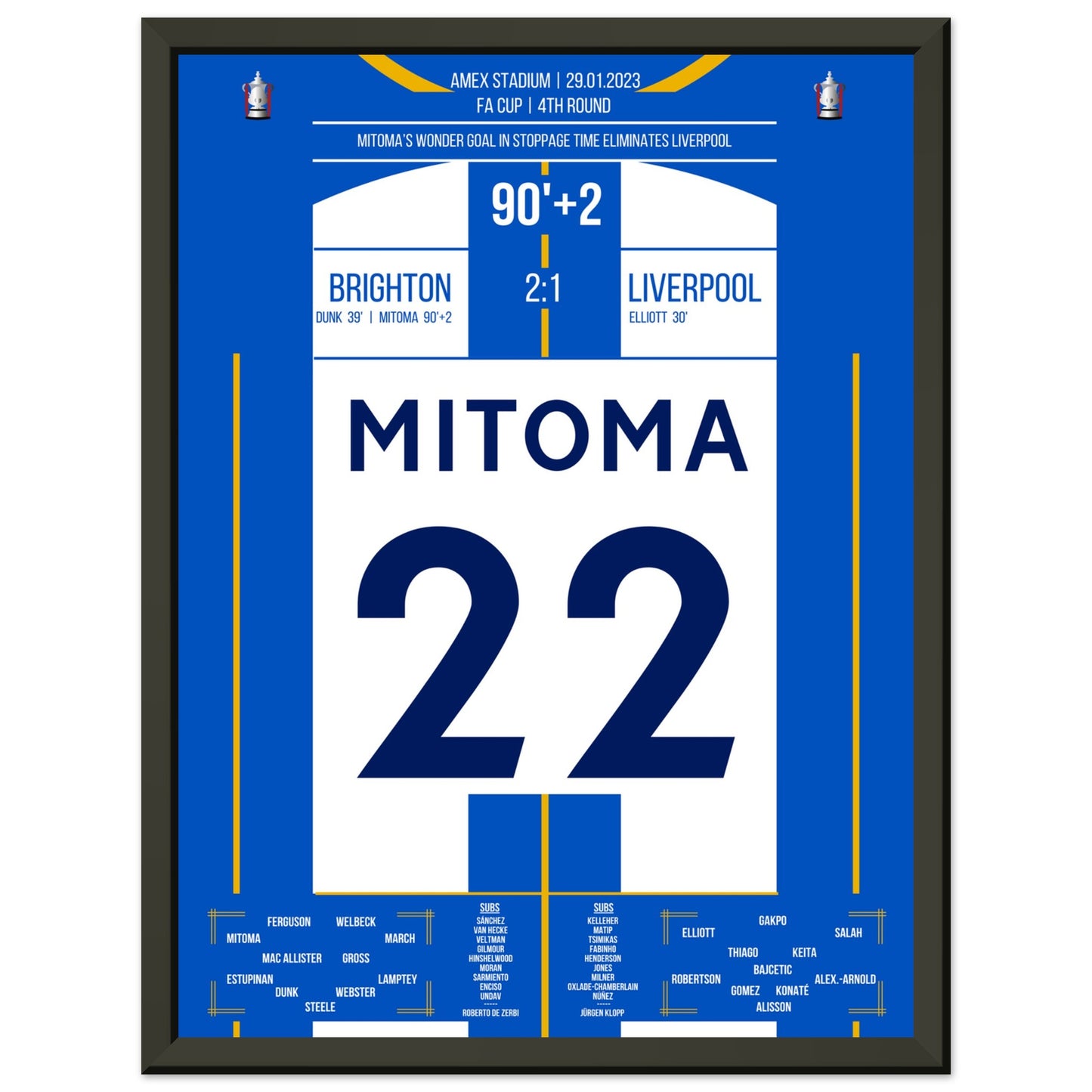 Mitoma's Tor in der Nachspielzeit im FA Cup gegen Liverpool 30x40-cm-12x16-Schwarzer-Aluminiumrahmen