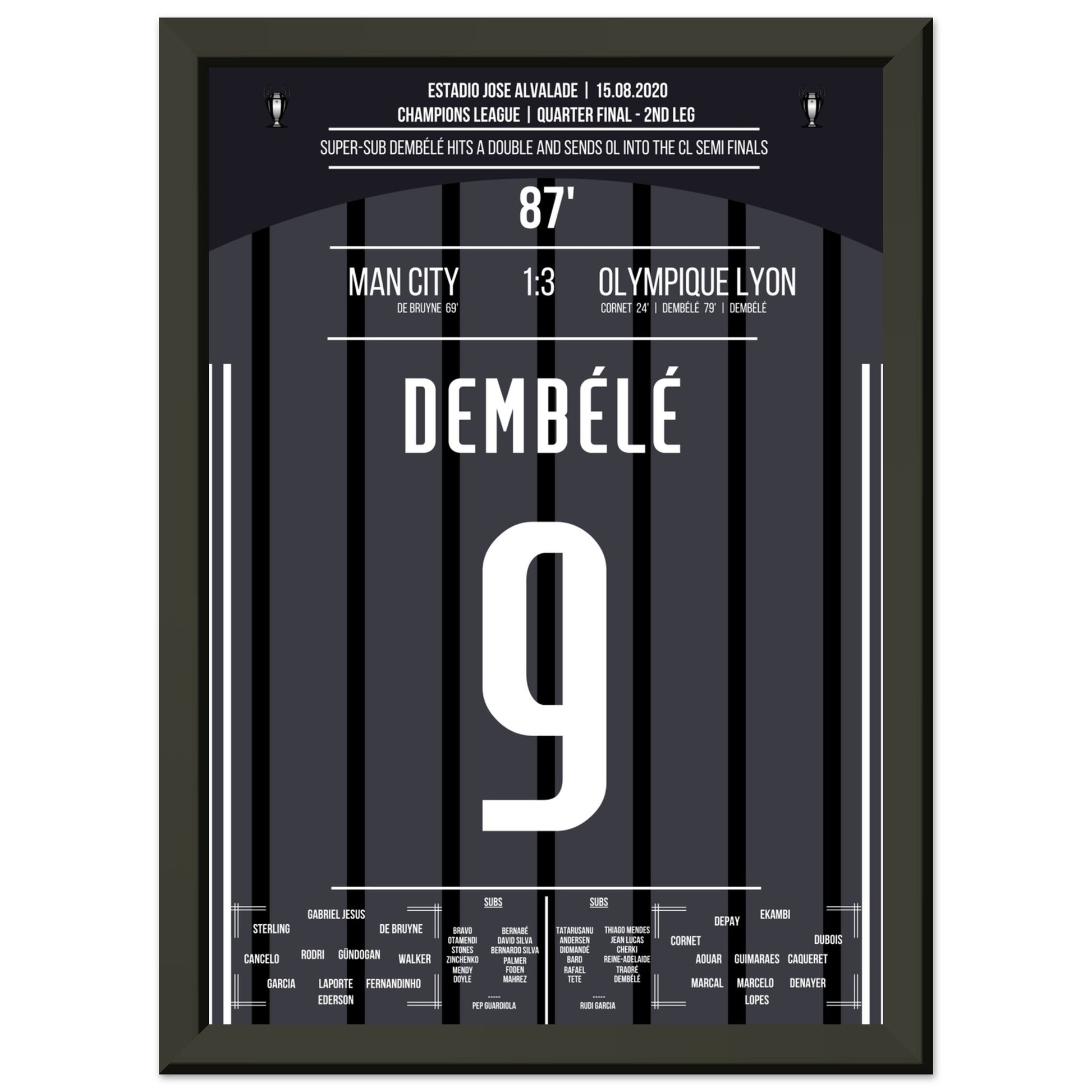 Dembélé schießt OL ins Halbfinale der Champions League A4-21x29.7-cm-8x12-Schwarzer-Aluminiumrahmen