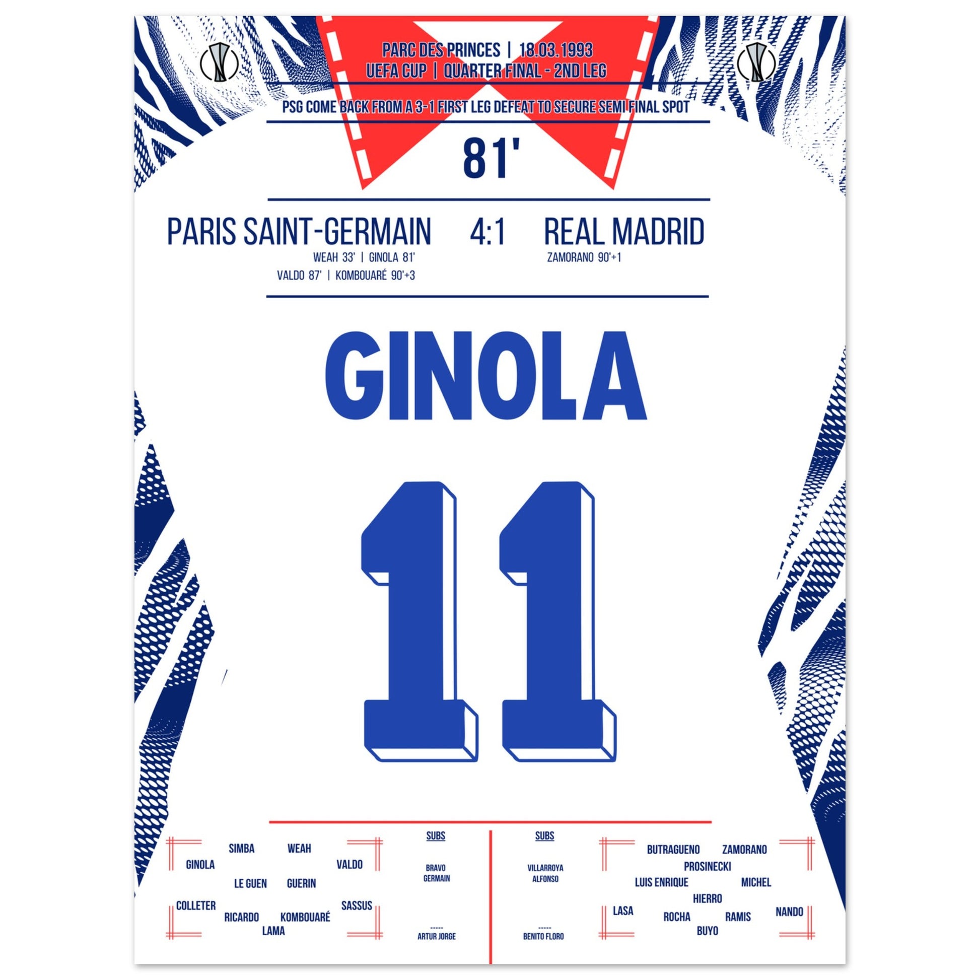 Magischer Pariser Europapokalabend beim 4-1 Rückspiel-Sieg gegen Real  in 1993 45x60-cm-18x24-Ohne-Rahmen