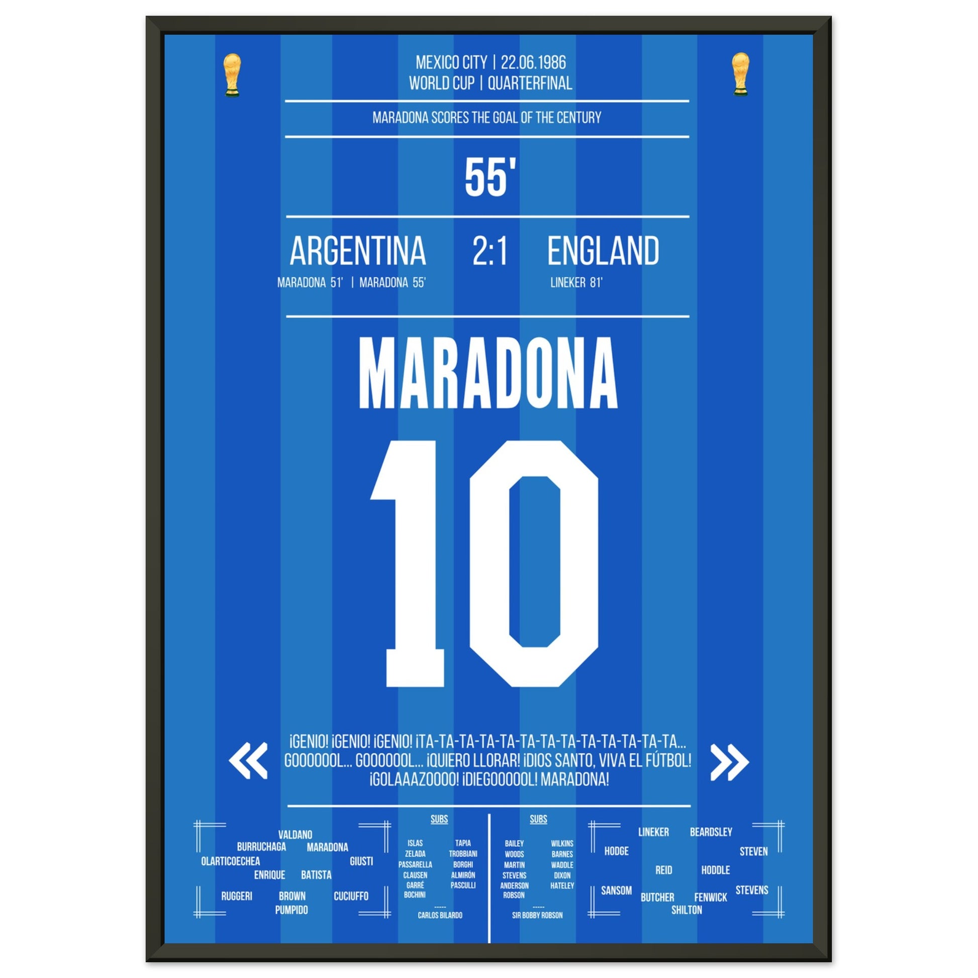 Maradona's Jahrhunderttor gegen England 1986 50x70-cm-20x28-Schwarzer-Aluminiumrahmen