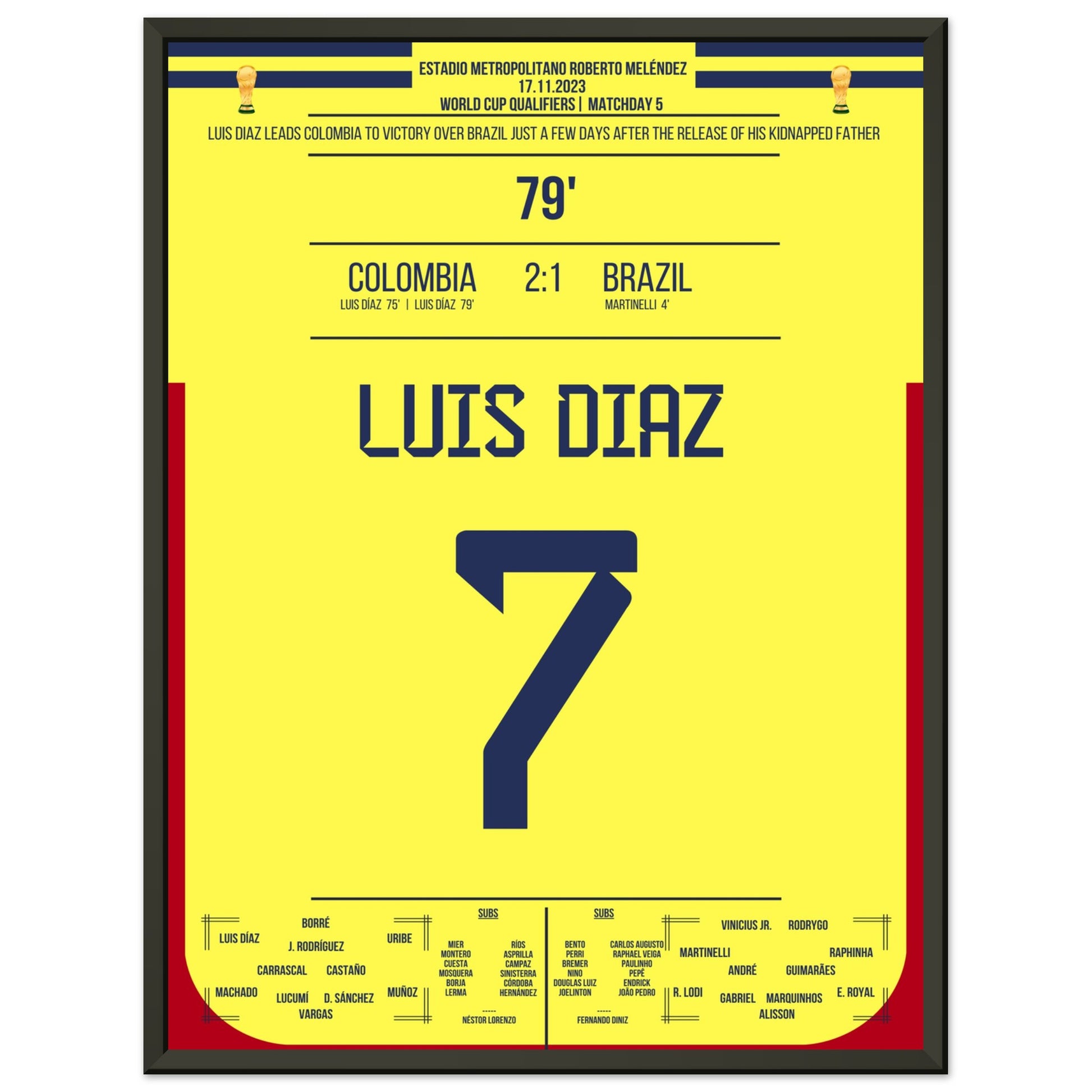 Luis Diaz schießt Kolumbien zum Sieg gegen Brasilien und widmet es seinem Vater 45x60-cm-18x24-Schwarzer-Aluminiumrahmen