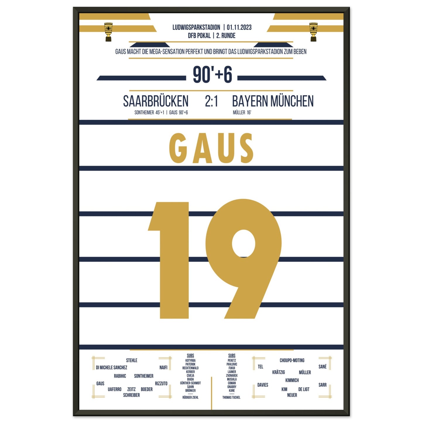 Pokalsensation in Saarbrücken - Gaus schiesst Bayern aus dem Pokal 60x90-cm-24x36-Schwarzer-Aluminiumrahmen