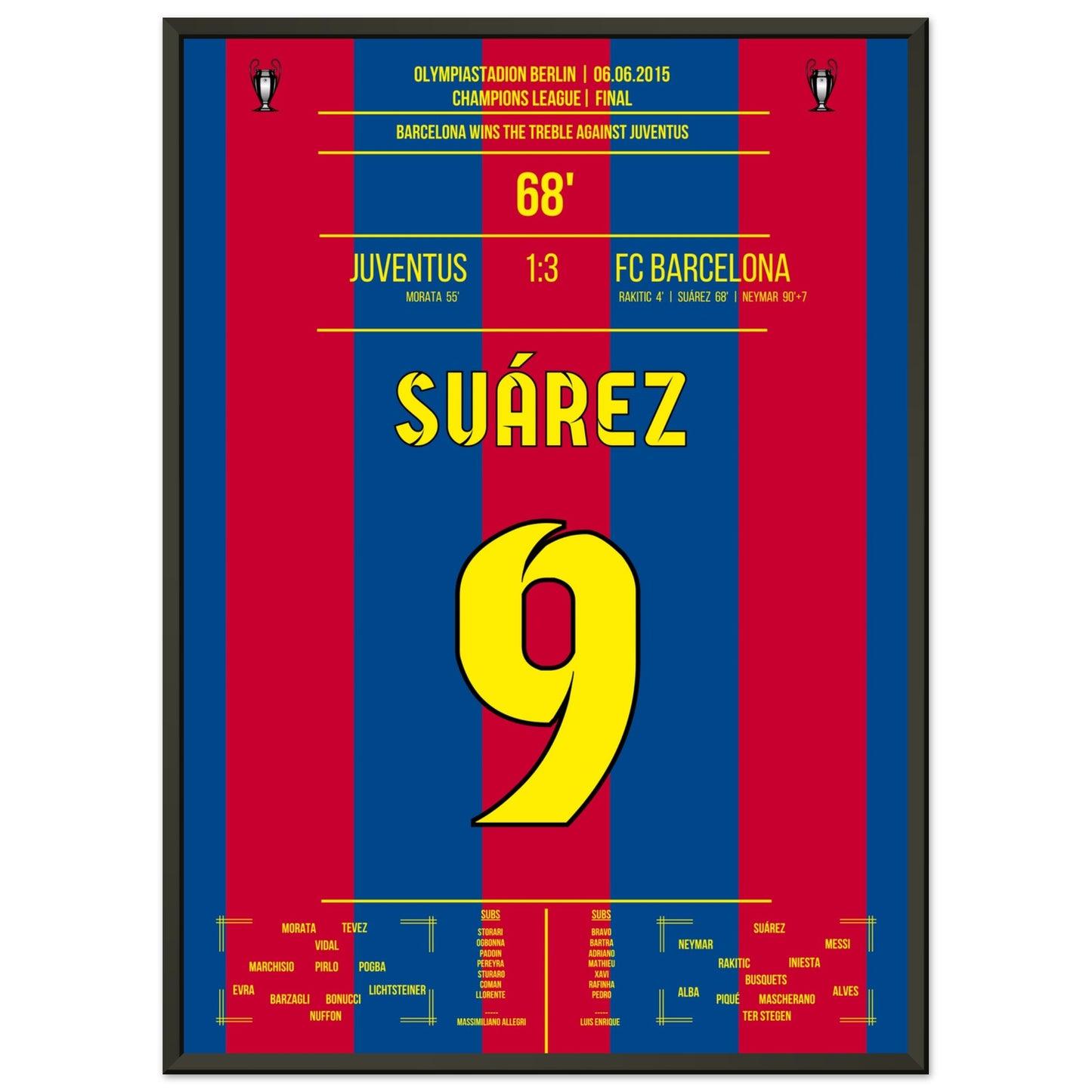 Suarez trifft im CL Finale 2015 und Barca holt das Triple 50x70-cm-20x28-Schwarzer-Aluminiumrahmen