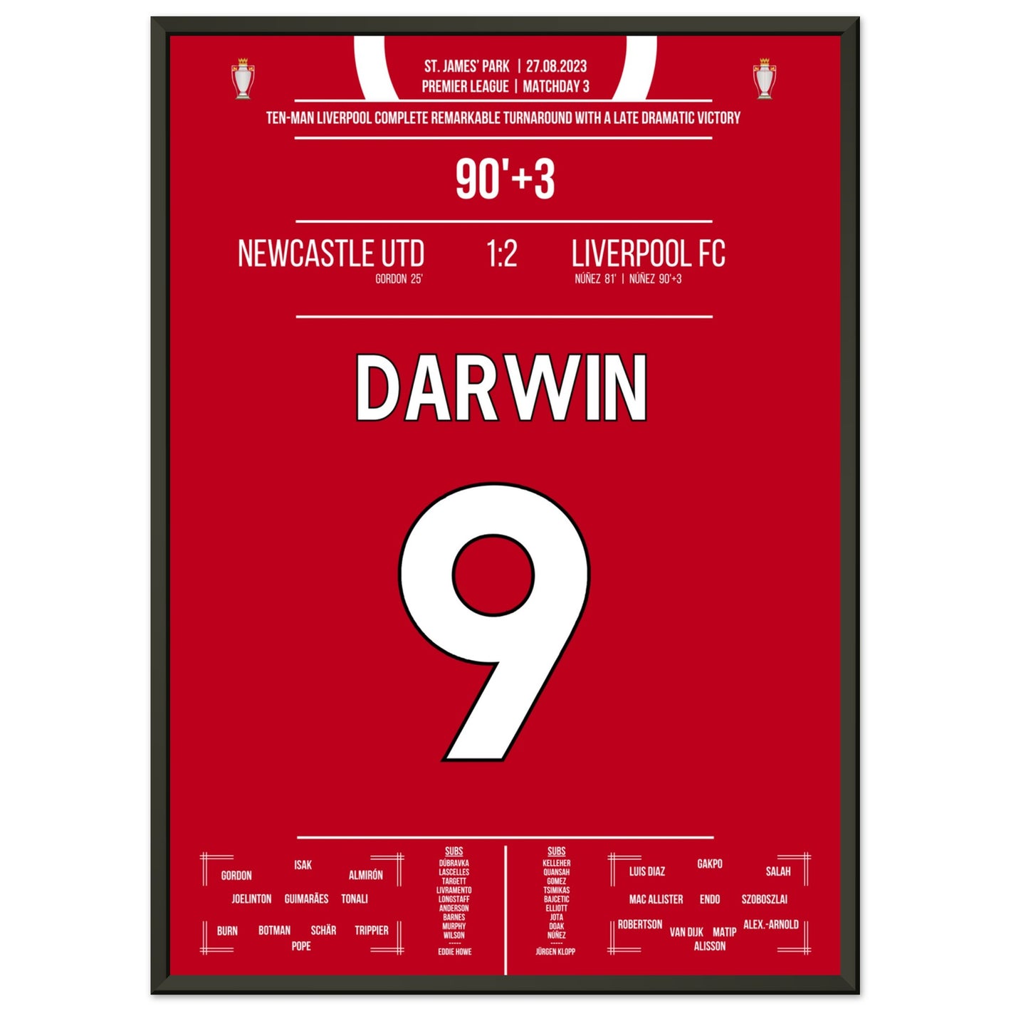 Darwin Nunez' später Doppelpack zum Sieg bei Newcastle 2023 50x70-cm-20x28-Schwarzer-Aluminiumrahmen