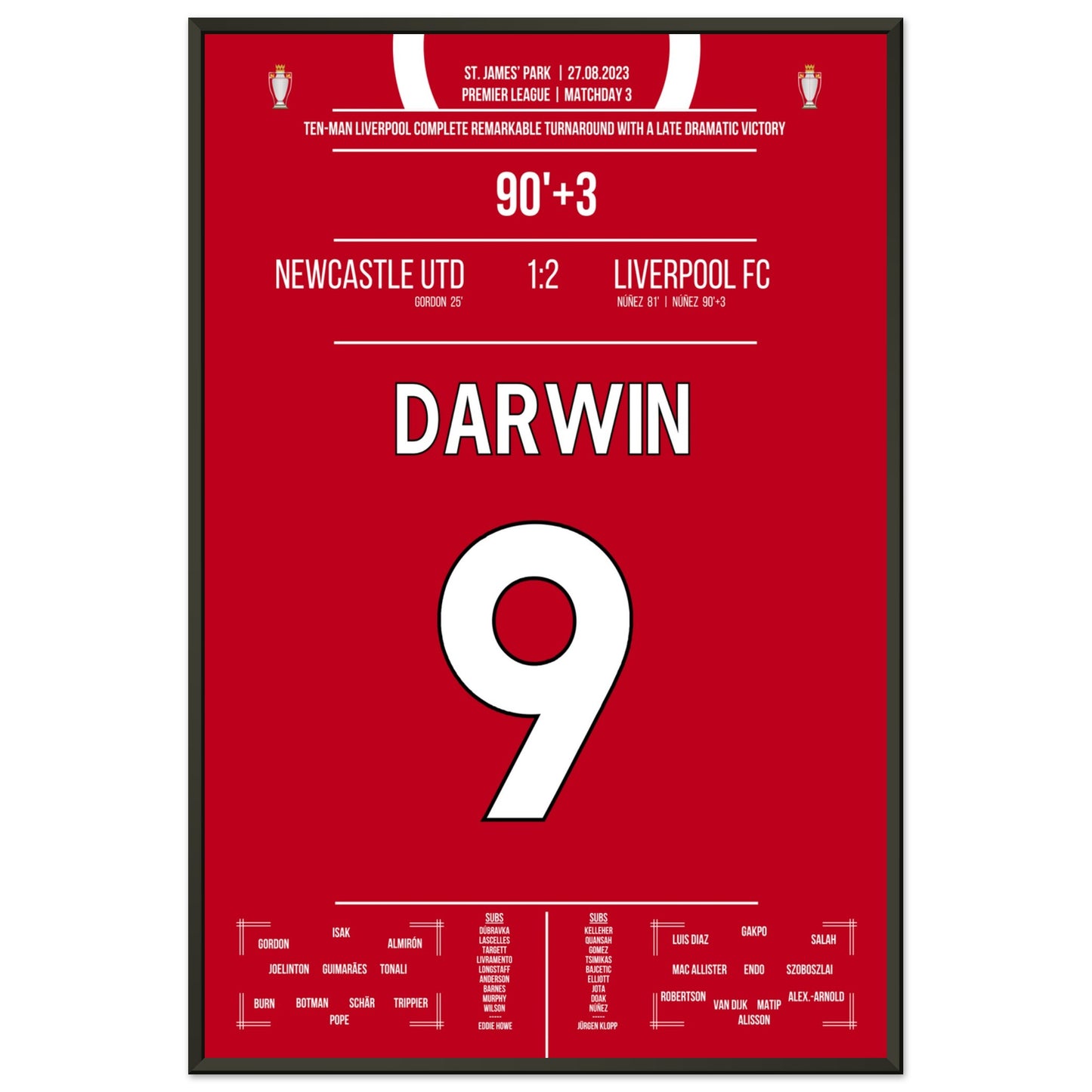 Darwin Nunez' später Doppelpack zum Sieg bei Newcastle 2023 60x90-cm-24x36-Schwarzer-Aluminiumrahmen