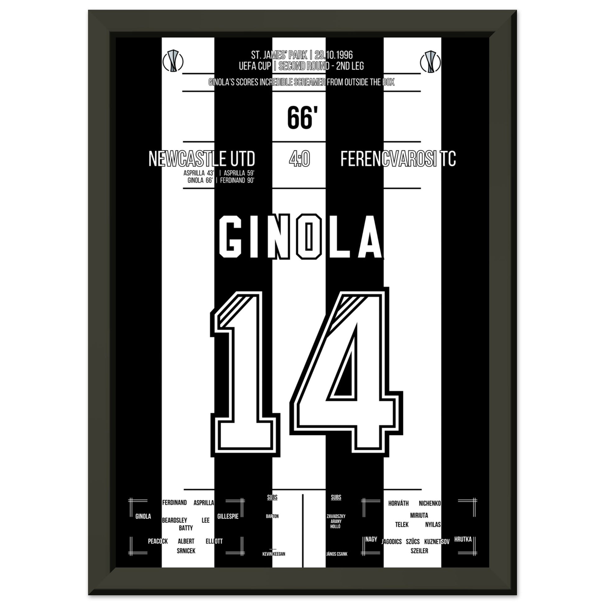 Ginola's Traumtor gegen Ferencvaros 1996 A4-21x29.7-cm-8x12-Schwarzer-Aluminiumrahmen