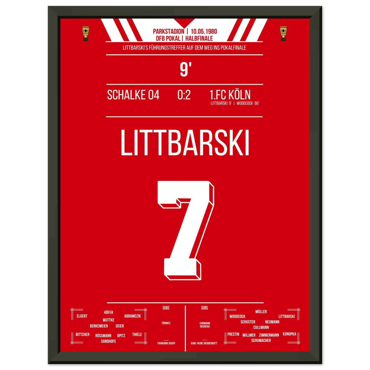 Littbarski's Führungstreffer im Pokalhalbfinale gegen Schalke 1980 30x40-cm-12x16-Schwarzer-Aluminiumrahmen