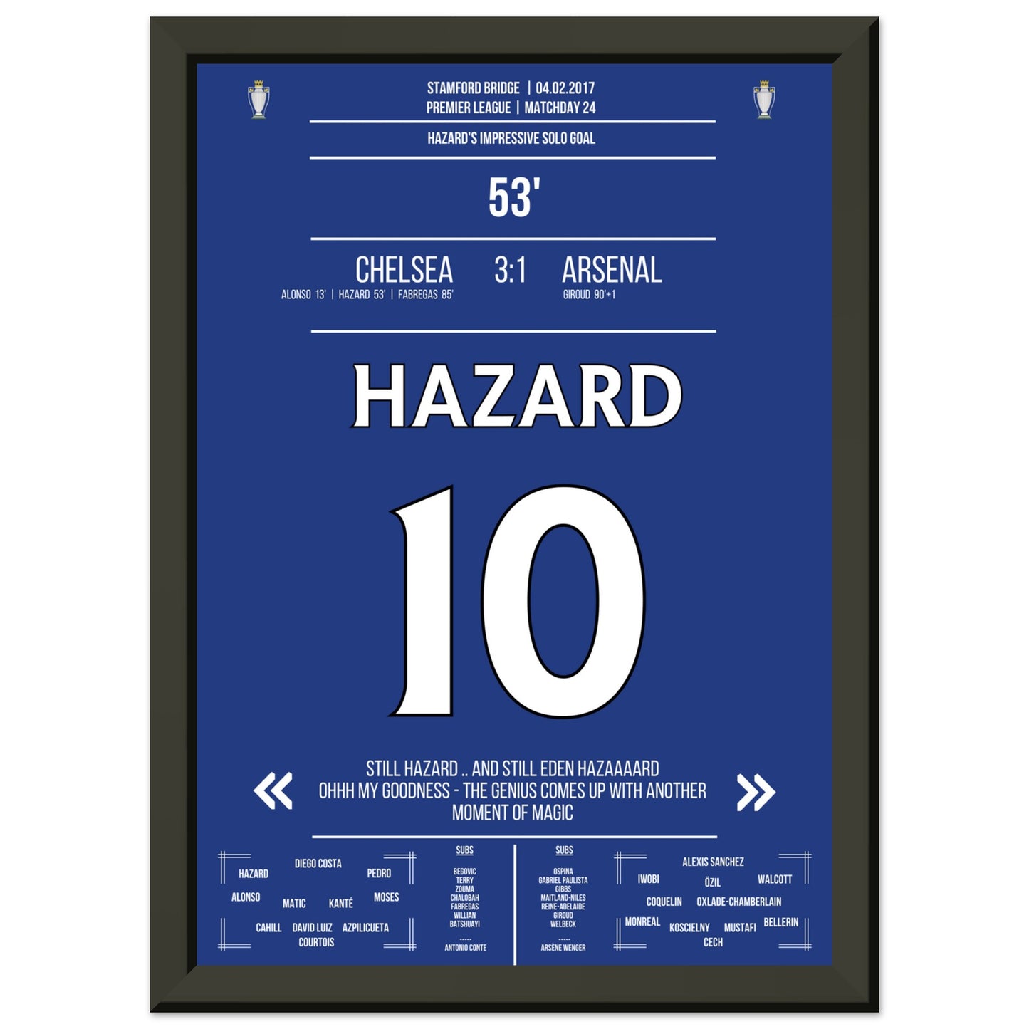 Hazard's Weltklasse-Solo gegen Arsenal in 2017 A4-21x29.7-cm-8x12-Schwarzer-Aluminiumrahmen