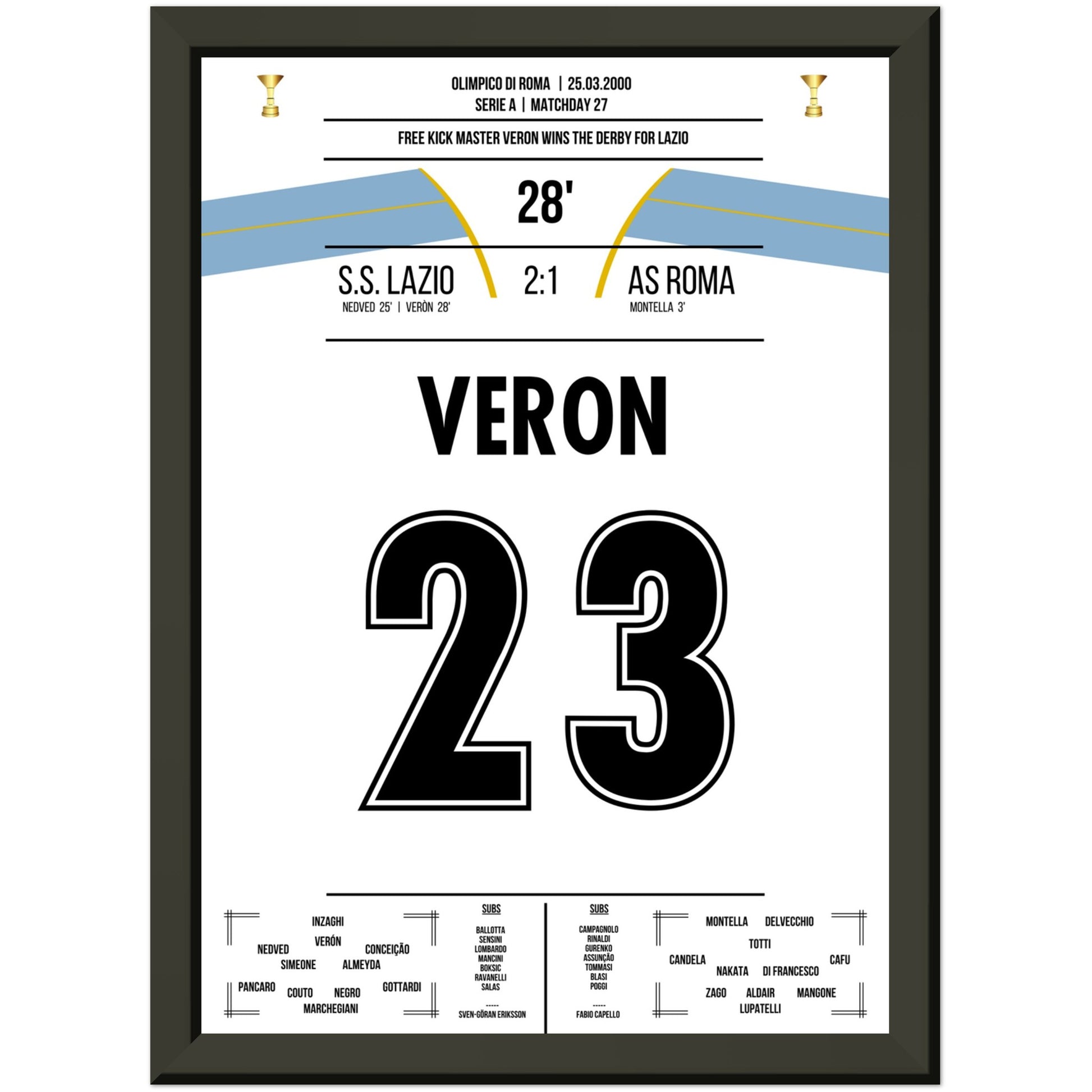 Veron's Freistosstor beim Derbysieg gegen die Roma A4-21x29.7-cm-8x12-Schwarzer-Aluminiumrahmen