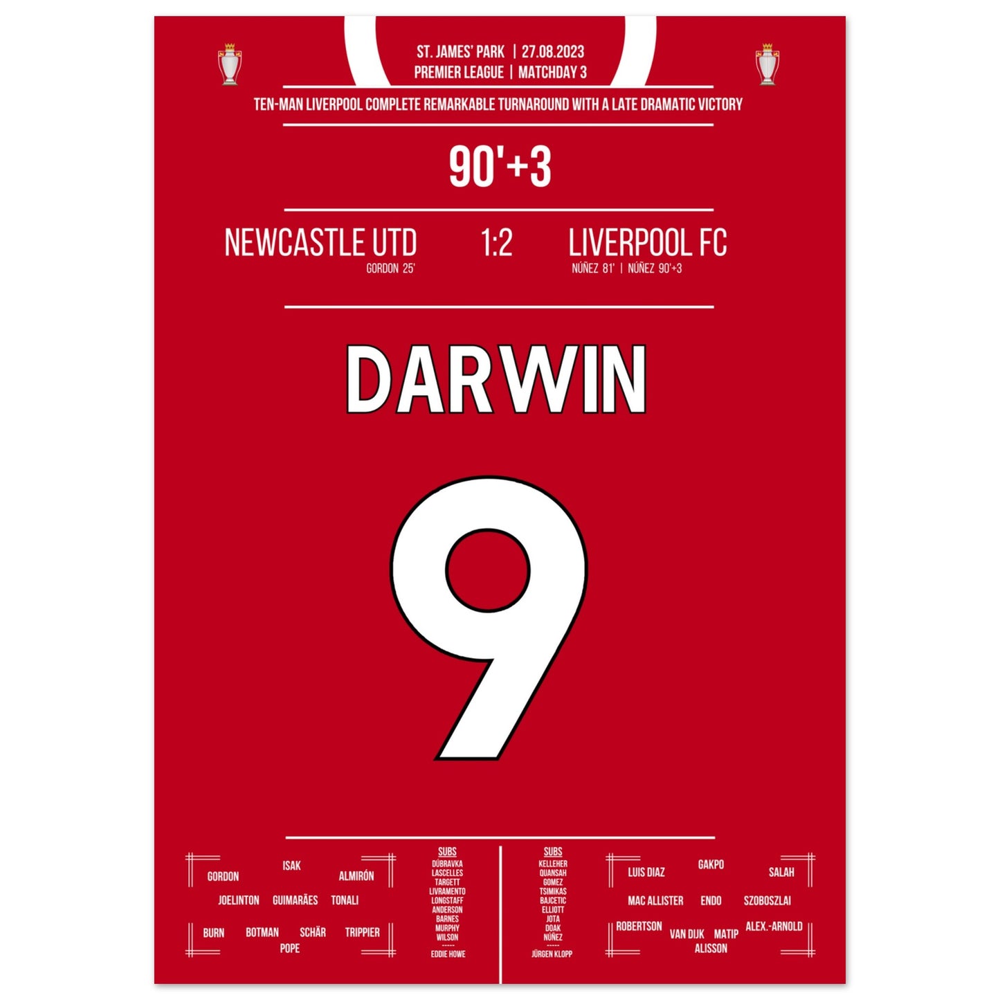 Darwin Nunez' später Doppelpack zum Sieg bei Newcastle 2023 50x70-cm-20x28-Ohne-Rahmen