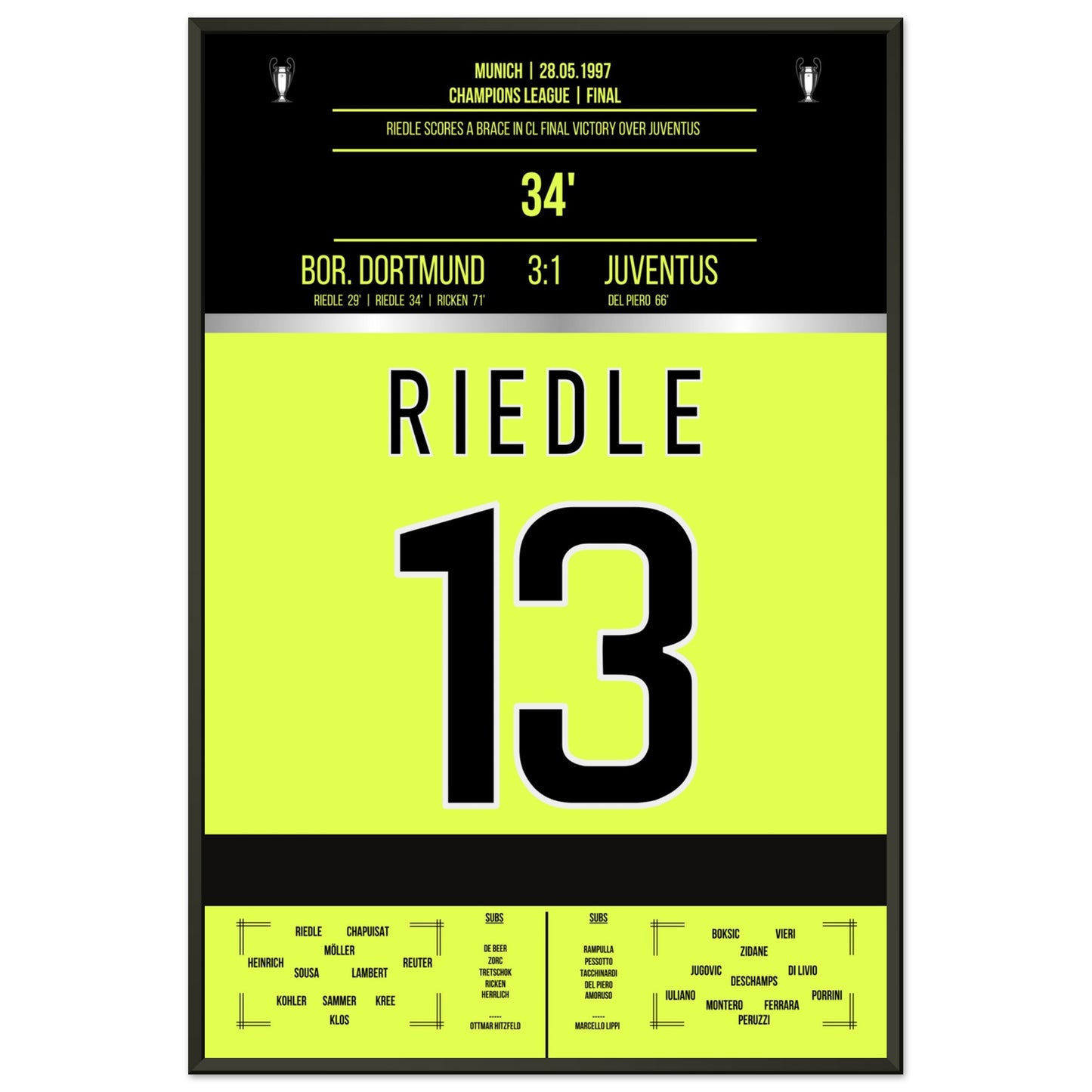 Riedle's Doppelpack im Champions League Finale 1997 60x90-cm-24x36-Schwarzer-Aluminiumrahmen