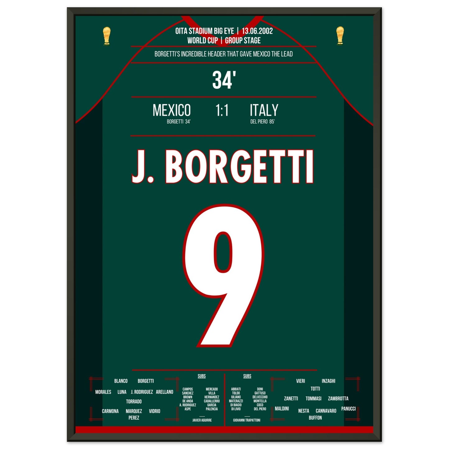 Borgetti's sensationelles Kopfballtor gegen Buffon bei der WM 2002 50x70-cm-20x28-Schwarzer-Aluminiumrahmen