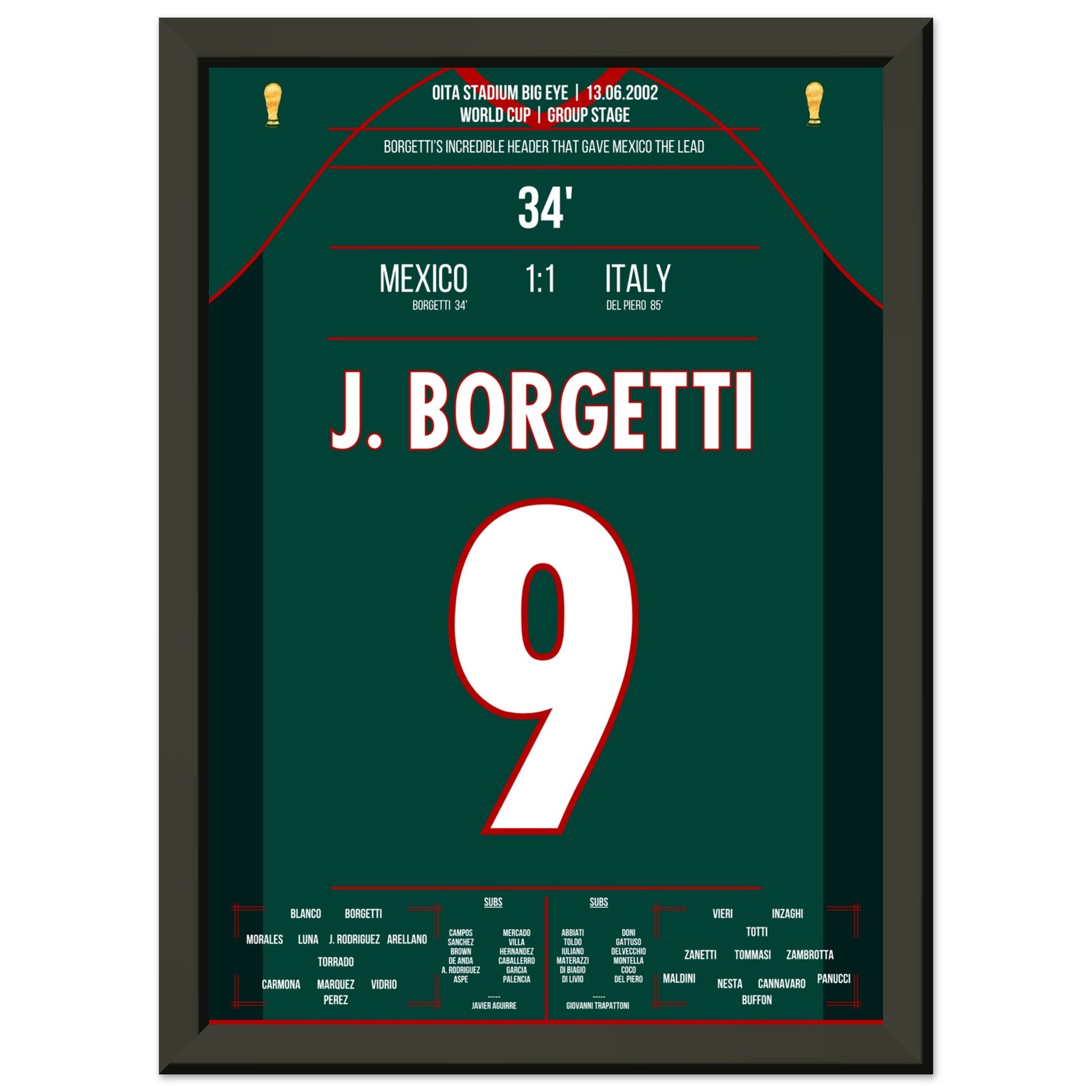 Borgetti's sensationelles Kopfballtor gegen Buffon bei der WM 2002 A4-21x29.7-cm-8x12-Schwarzer-Aluminiumrahmen