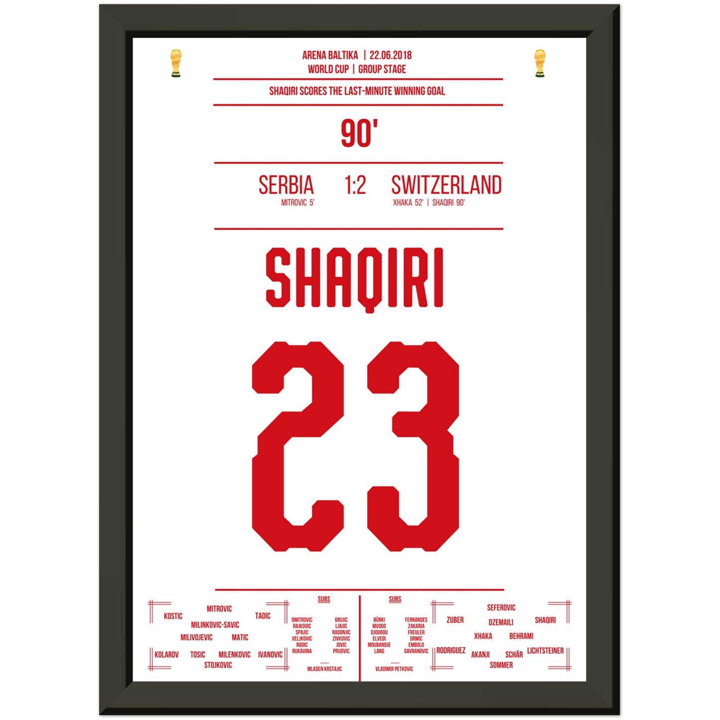 Shaqiri's Last-Minute Siegtreffer gegen Serbien bei der WM 2018 A4-21x29.7-cm-8x12-Schwarzer-Aluminiumrahmen
