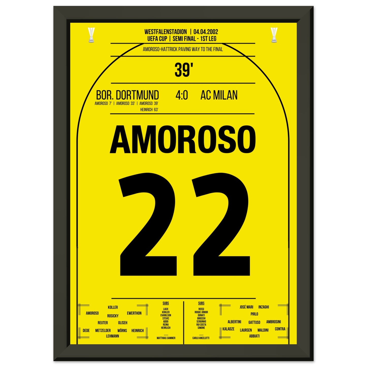 Amoroso Hattrick im Halbfinale gegen Milan 2002 A4-21x29.7-cm-8x12-Schwarzer-Aluminiumrahmen