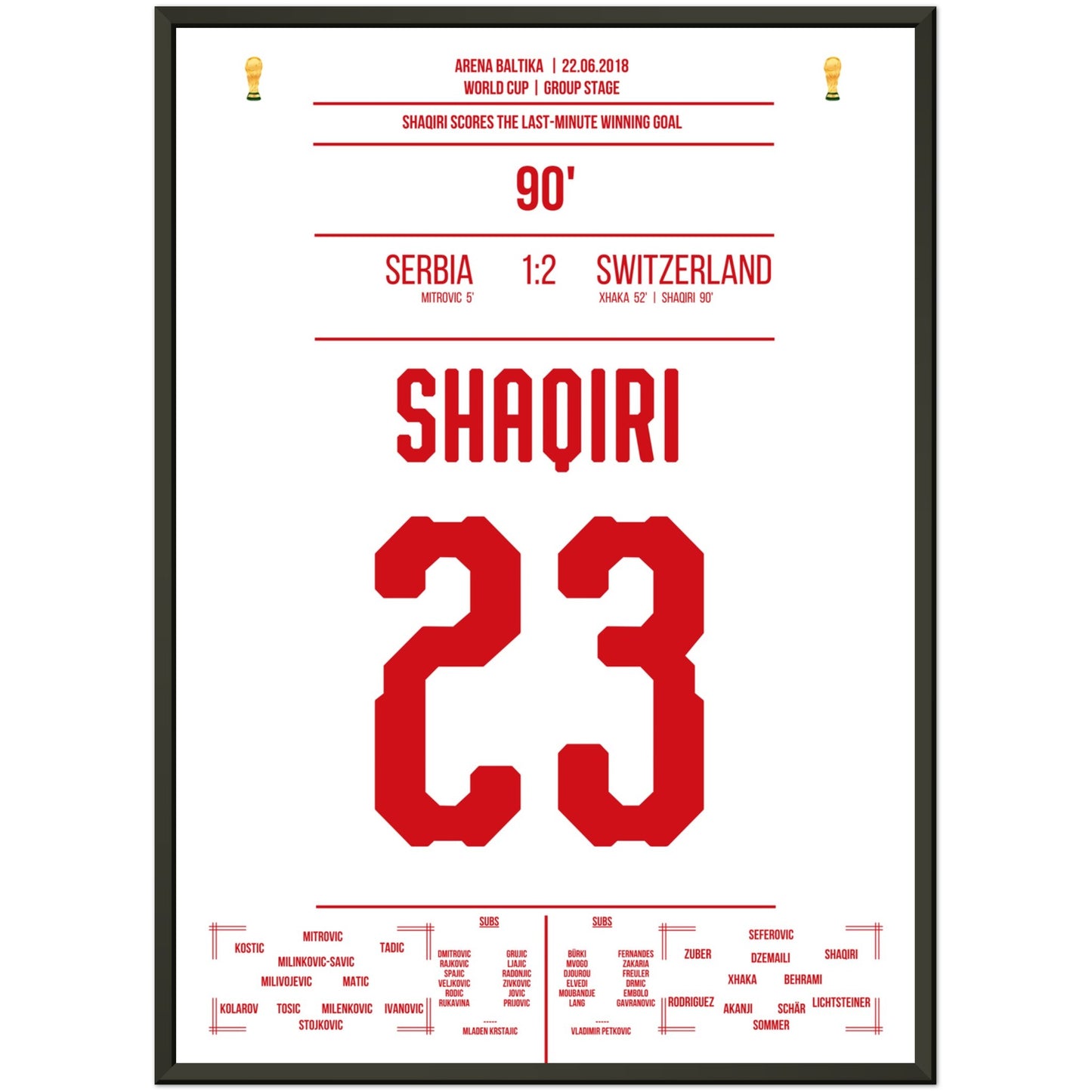 Shaqiri's Last-Minute Siegtreffer gegen Serbien bei der WM 2018 50x70-cm-20x28-Schwarzer-Aluminiumrahmen