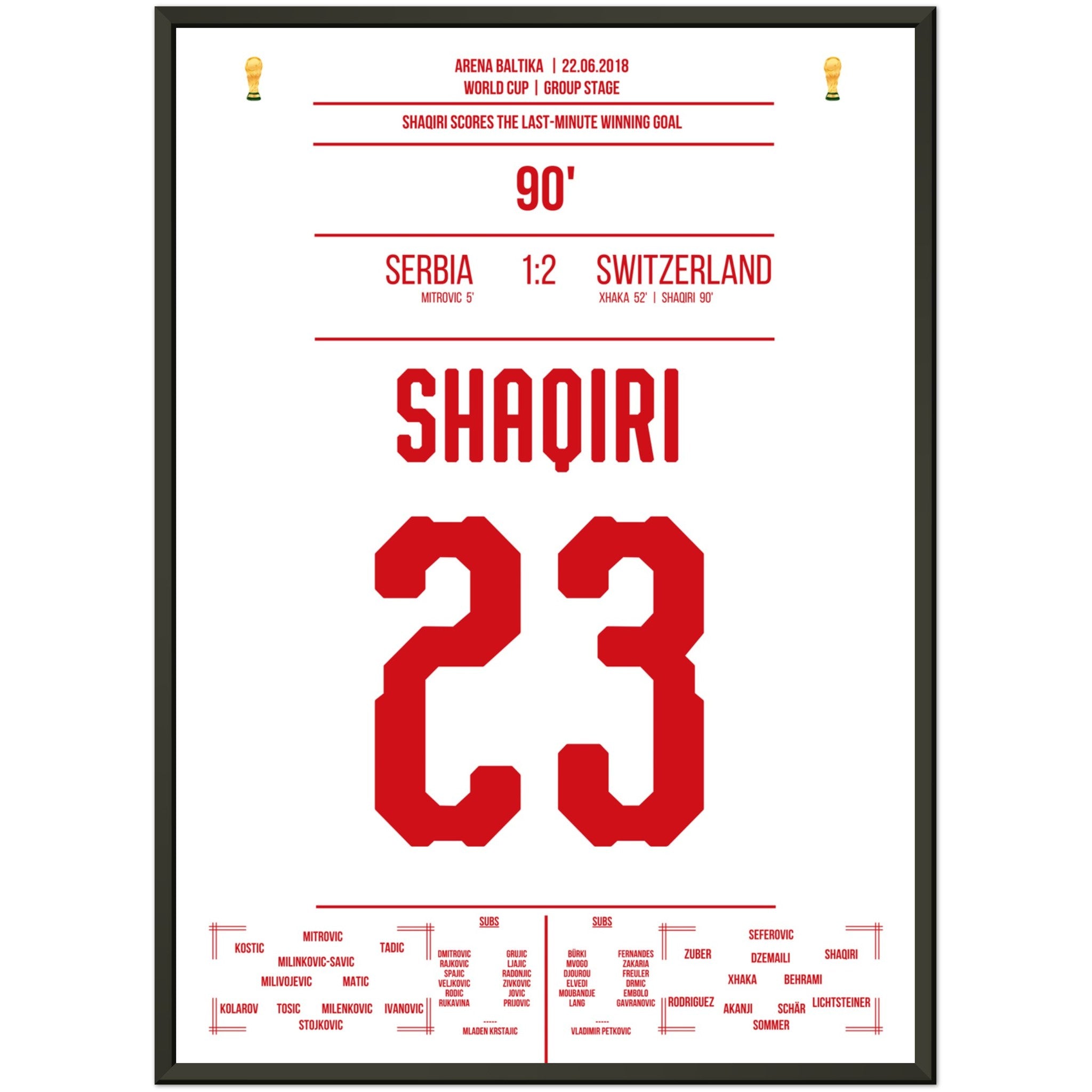Shaqiri's Last-Minute Siegtreffer gegen Serbien bei der WM 2018 50x70-cm-20x28-Schwarzer-Aluminiumrahmen