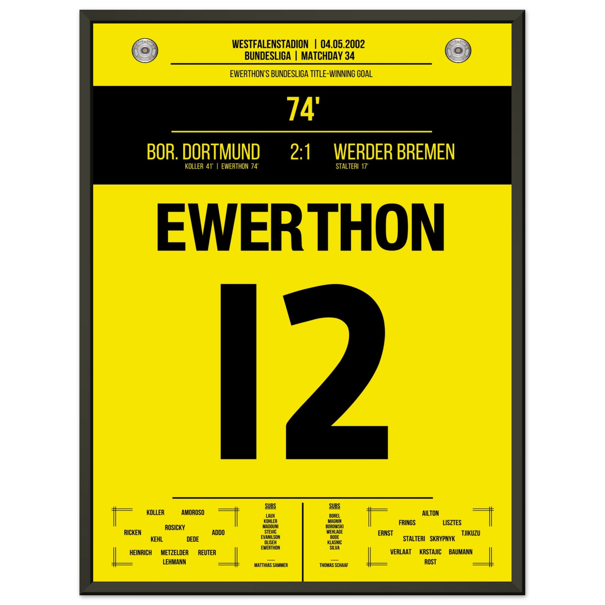 Ewerthon's Tor zu Dortmunds Meisterschaft 2002 45x60-cm-18x24-Schwarzer-Aluminiumrahmen