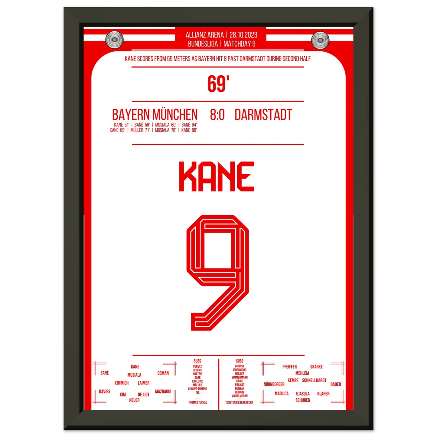 Kane's Traumtor aus 55 Metern bei 8-0 Sieg gegen Darmstadt A4-21x29.7-cm-8x12-Schwarzer-Aluminiumrahmen