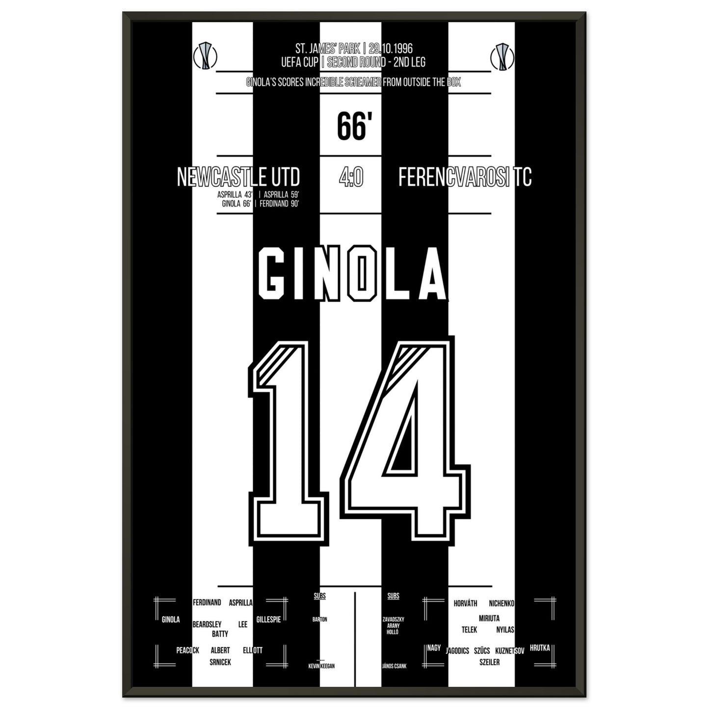 Ginola's Traumtor gegen Ferencvaros 1996 60x90-cm-24x36-Schwarzer-Aluminiumrahmen