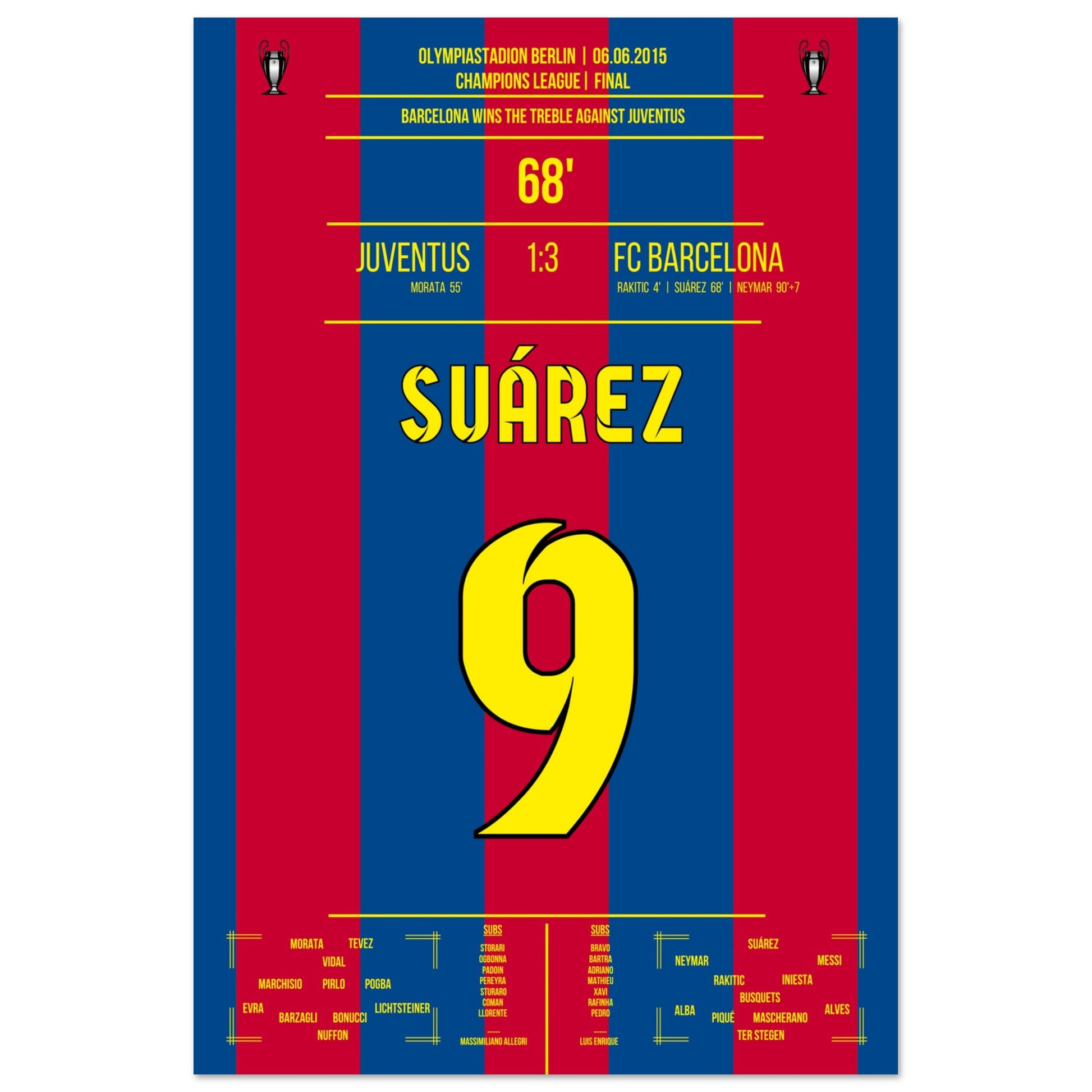 Suarez trifft im CL Finale 2015 und Barca holt das Triple 60x90-cm-24x36-Ohne-Rahmen