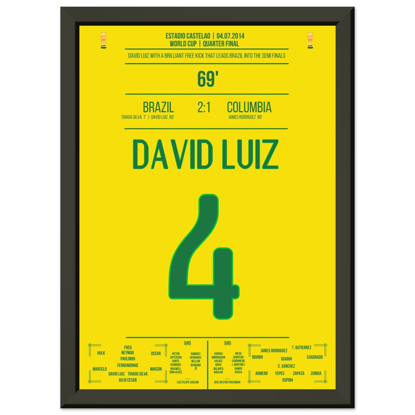 David Luiz Freistoß-Tor gegen Kolumbien bei der WM 2014 A4-21x29.7-cm-8x12-Schwarzer-Aluminiumrahmen
