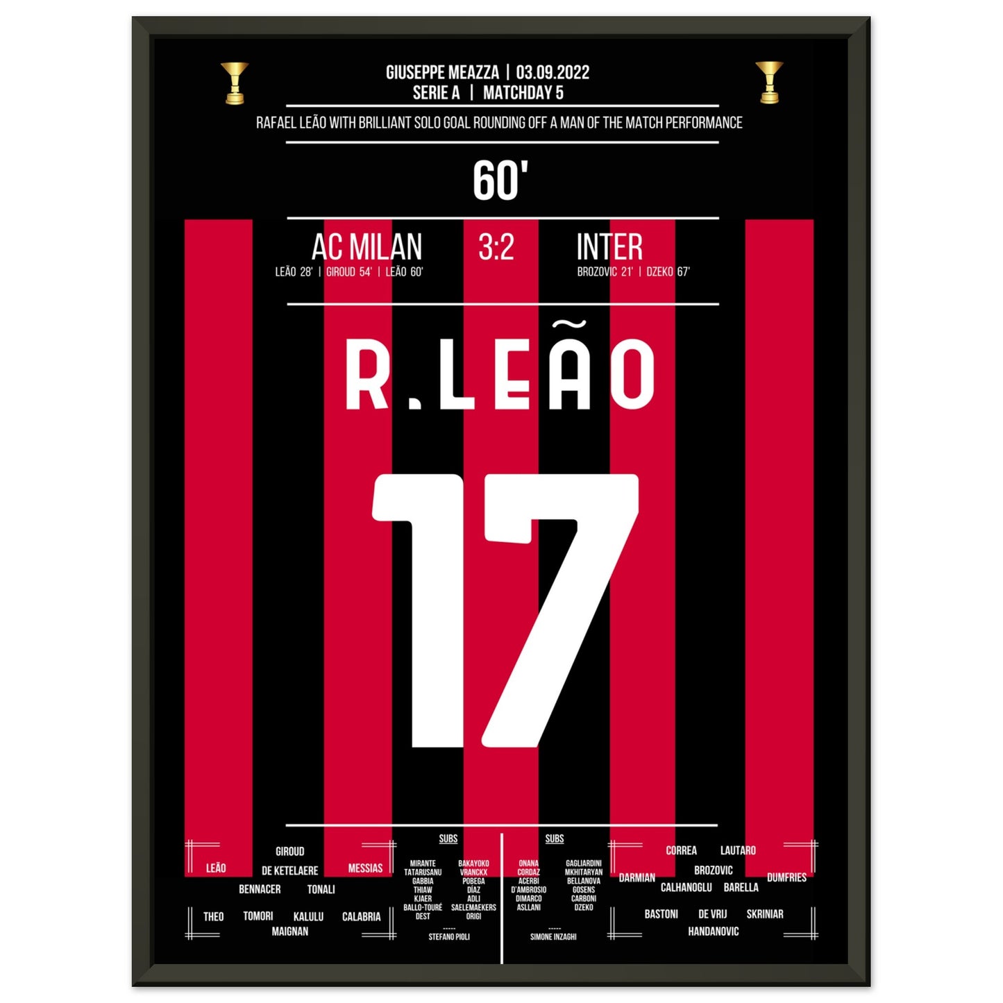 Man Of The Match Performance von Rafael Leão im Derby gegen Inter 45x60-cm-18x24-Schwarzer-Aluminiumrahmen