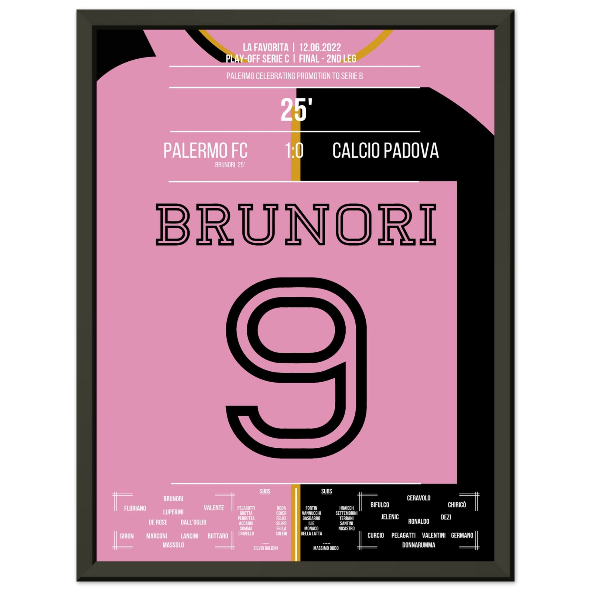 Brunori's Tor bei Palermo's Rückkehr in die Serie B 30x40-cm-12x16-Schwarzer-Aluminiumrahmen