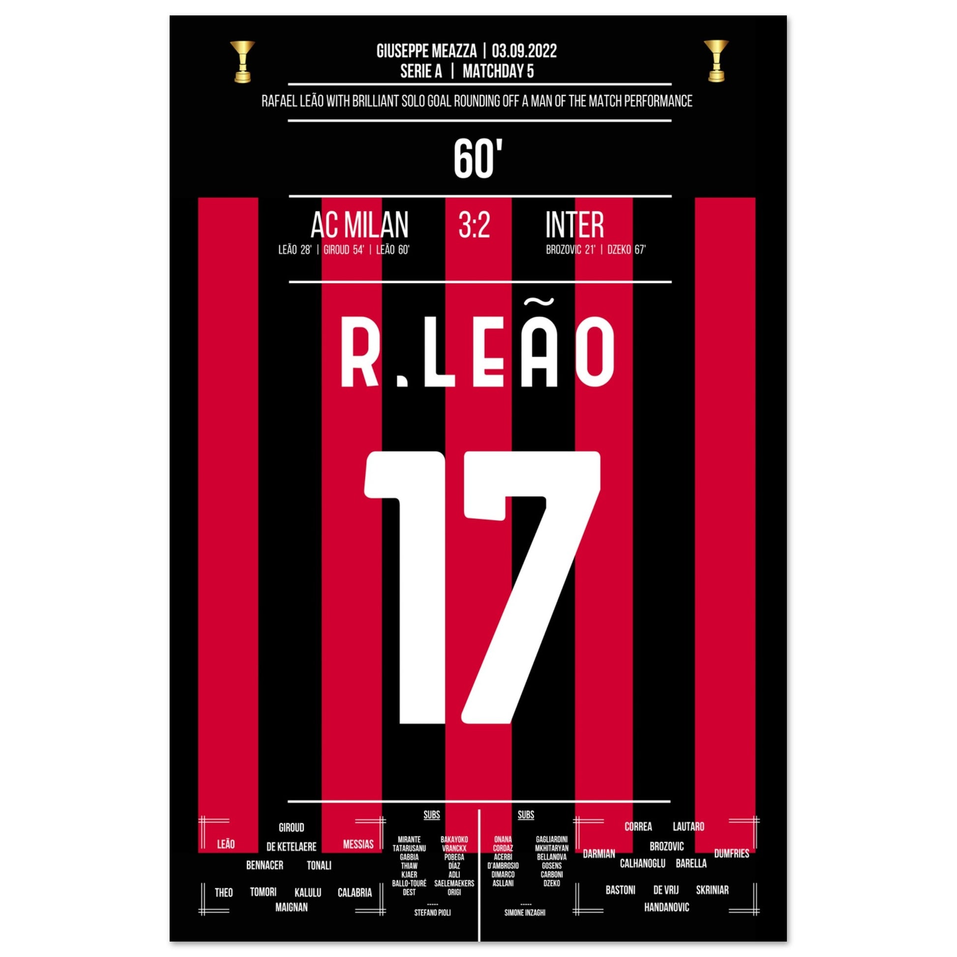 Man Of The Match Performance von Rafael Leão im Derby gegen Inter 60x90-cm-24x36-Ohne-Rahmen
