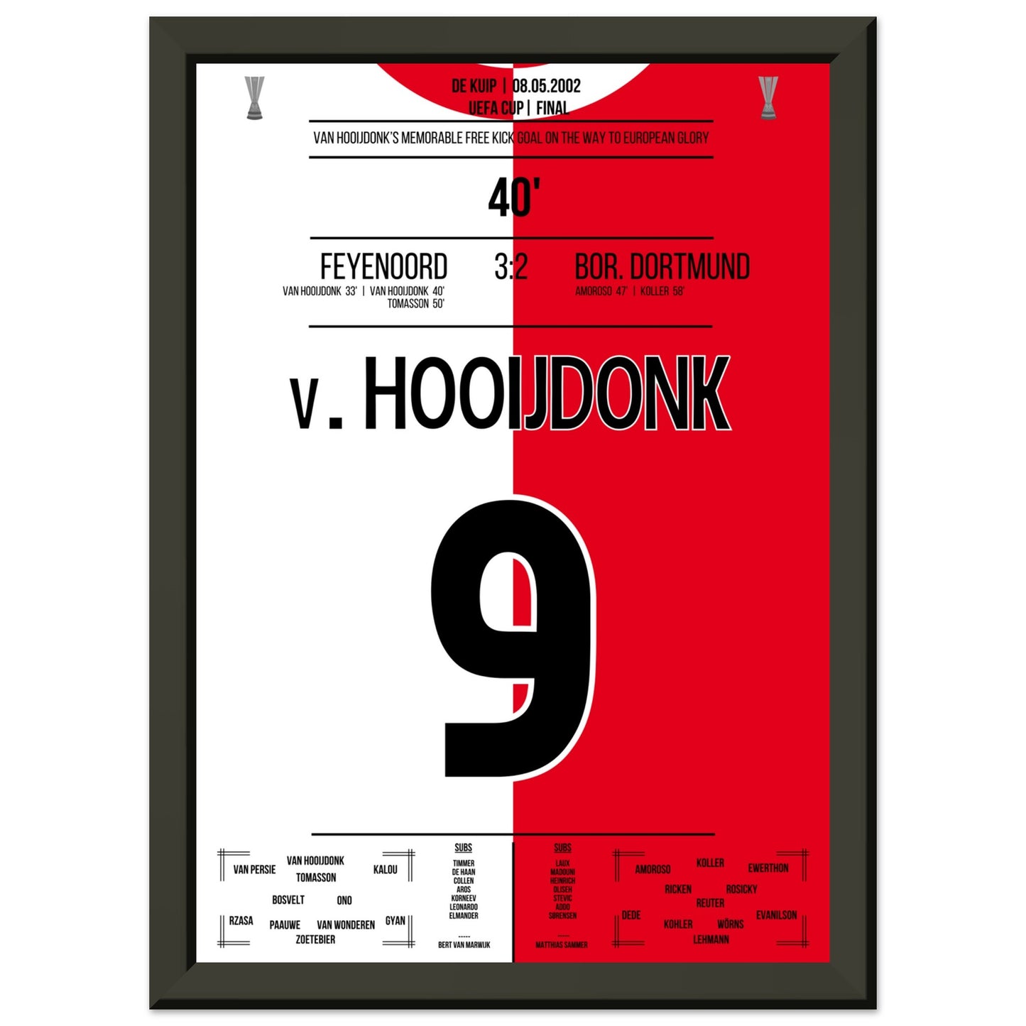Van Hooijdonk's Freistosstor bei Feyenoord's Europapokaltriumph 2002 A4-21x29.7-cm-8x12-Schwarzer-Aluminiumrahmen