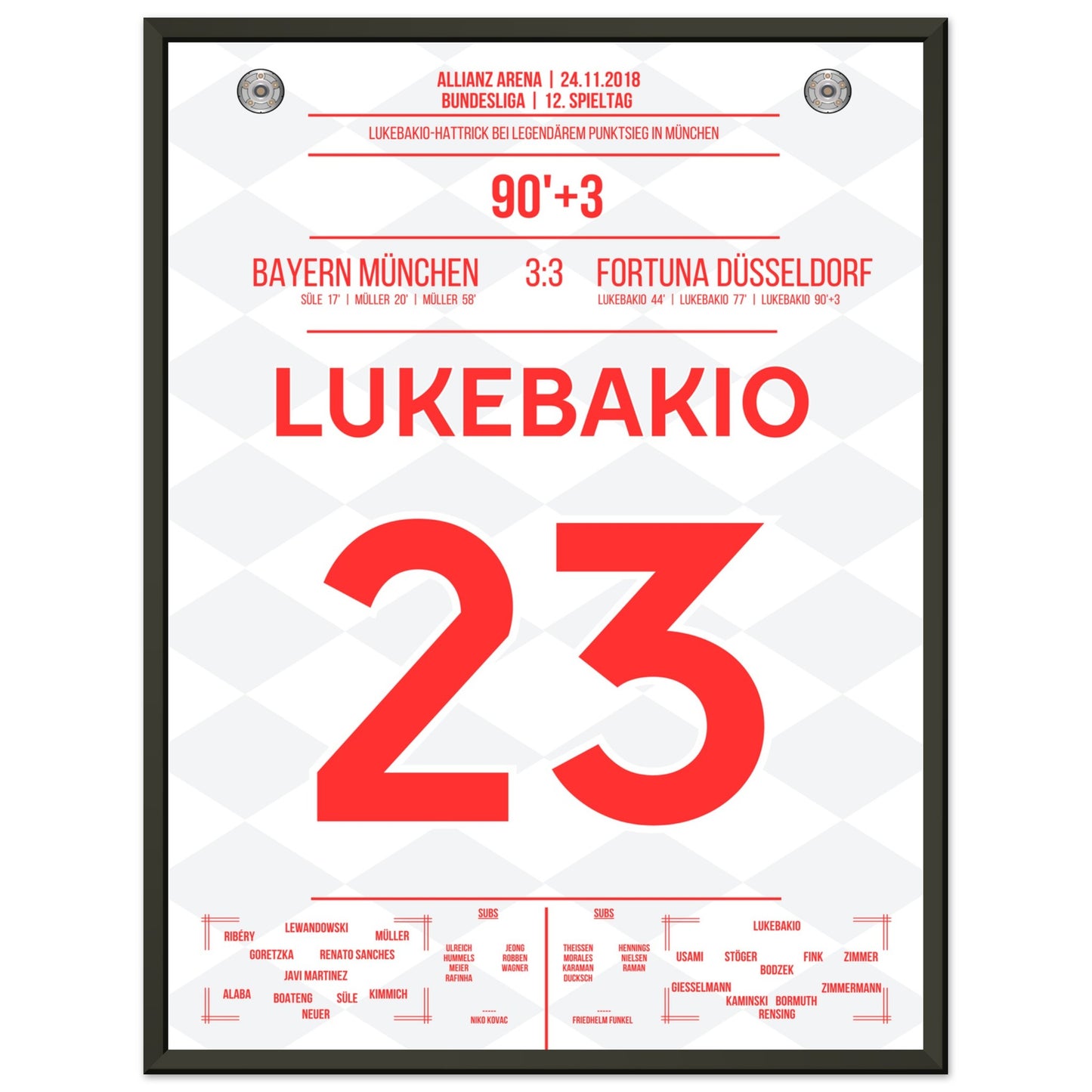 Lukebakio Hattrick gegen Bayern in 2018 45x60-cm-18x24-Schwarzer-Aluminiumrahmen