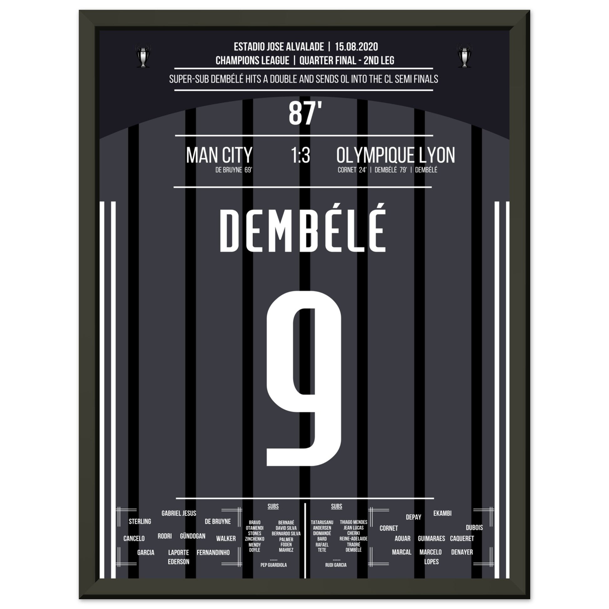 Dembélé schießt OL ins Halbfinale der Champions League 30x40-cm-12x16-Schwarzer-Aluminiumrahmen