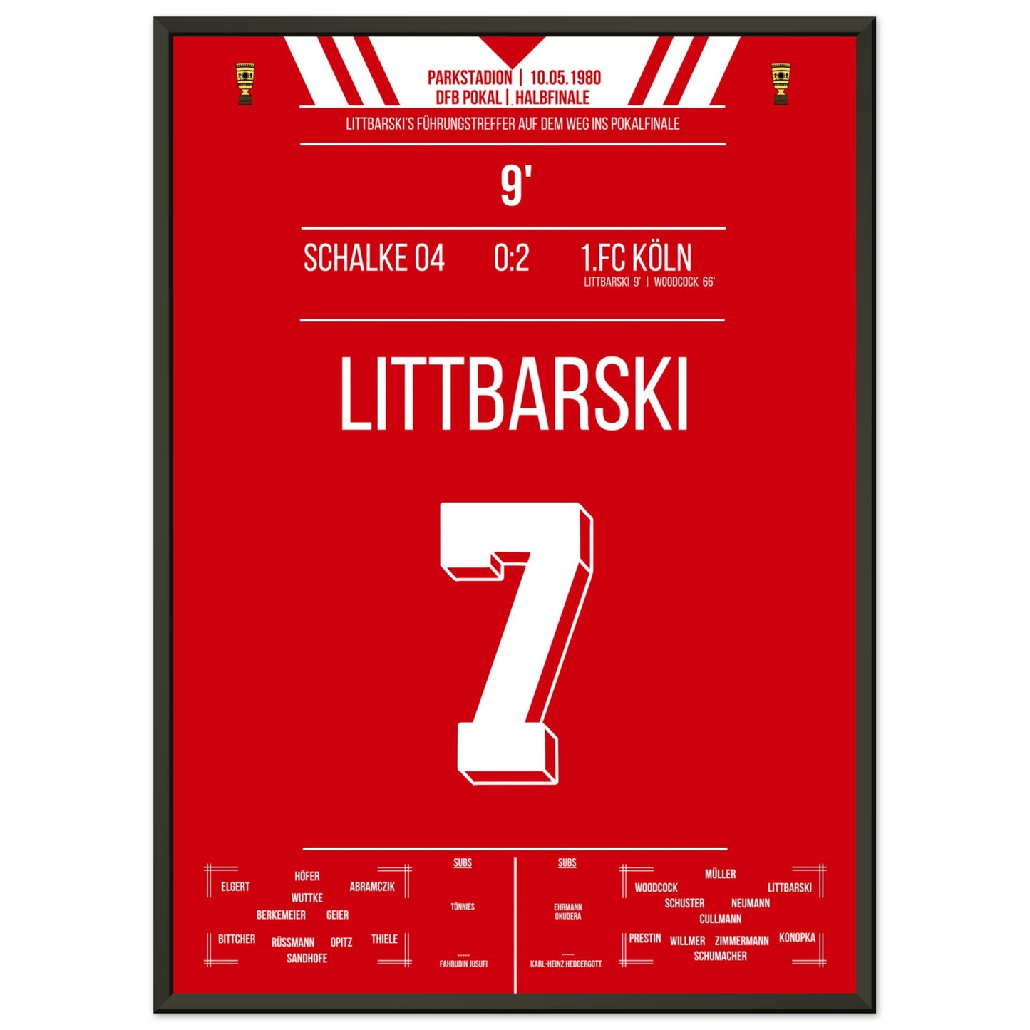 Littbarski's Führungstreffer im Pokalhalbfinale gegen Schalke 1980 50x70-cm-20x28-Schwarzer-Aluminiumrahmen