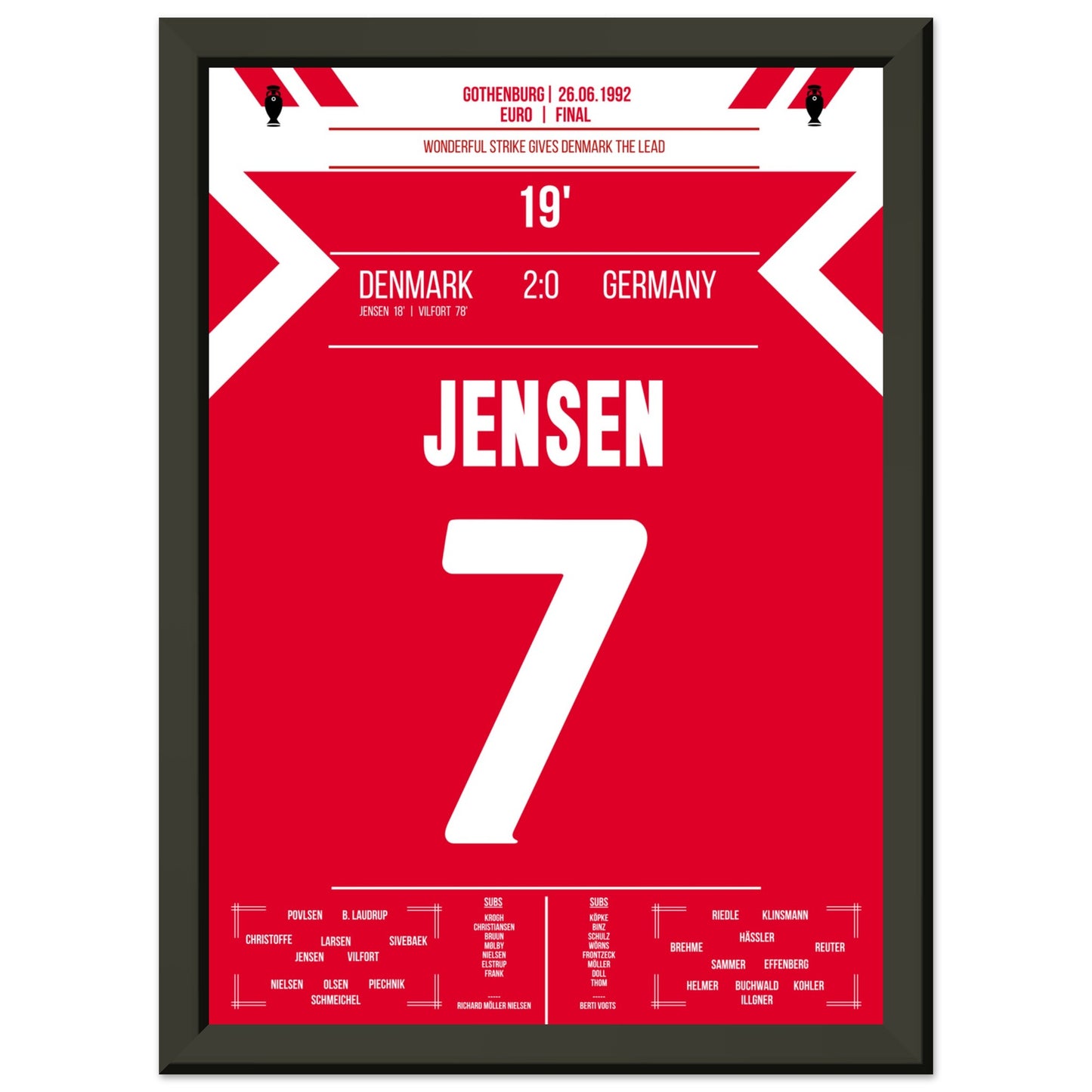 Jensen's Tor zur Führung für Dänemark im Finale der Euro 1992 A4-21x29.7-cm-8x12-Schwarzer-Aluminiumrahmen