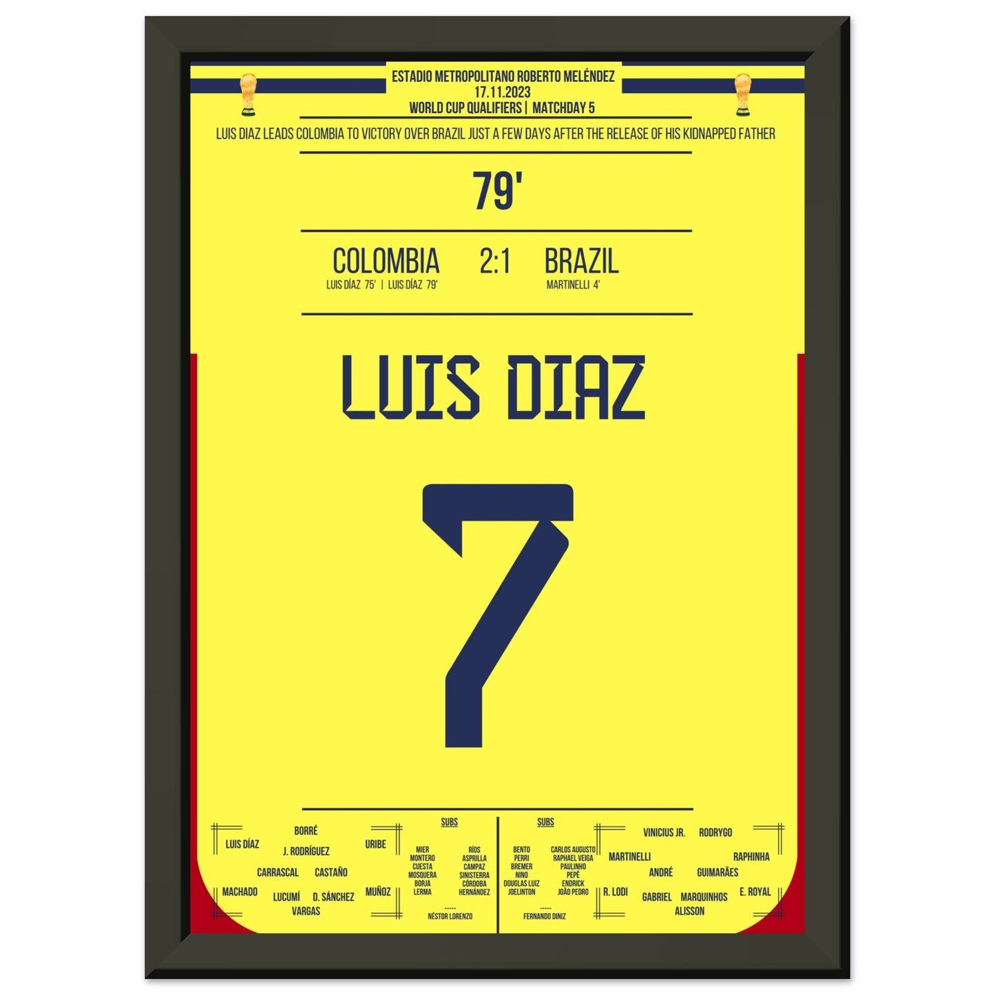 Luis Diaz schießt Kolumbien zum Sieg gegen Brasilien und widmet es seinem Vater A4-21x29.7-cm-8x12-Schwarzer-Aluminiumrahmen
