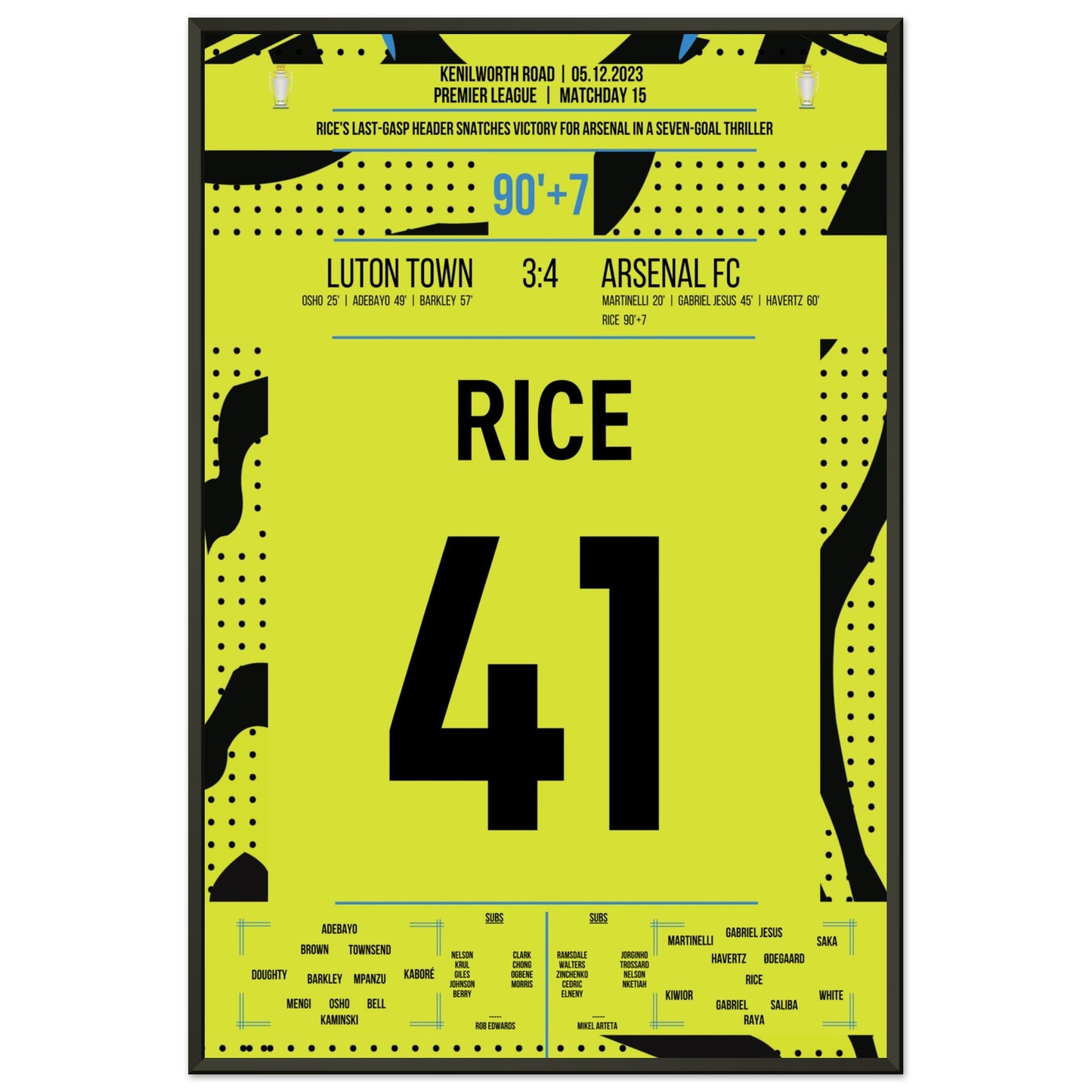 Rice köpft Arsenal in letzter Sekunde zum Auswärtssieg 60x90-cm-24x36-Schwarzer-Aluminiumrahmen