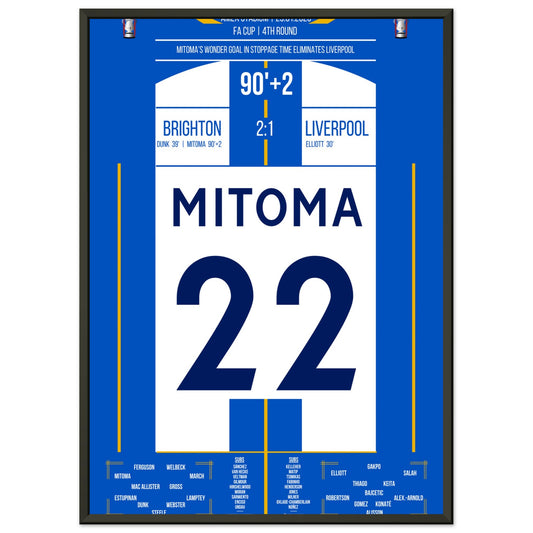 Mitoma's Tor in der Nachspielzeit im FA Cup gegen Liverpool 50x70-cm-20x28-Schwarzer-Aluminiumrahmen