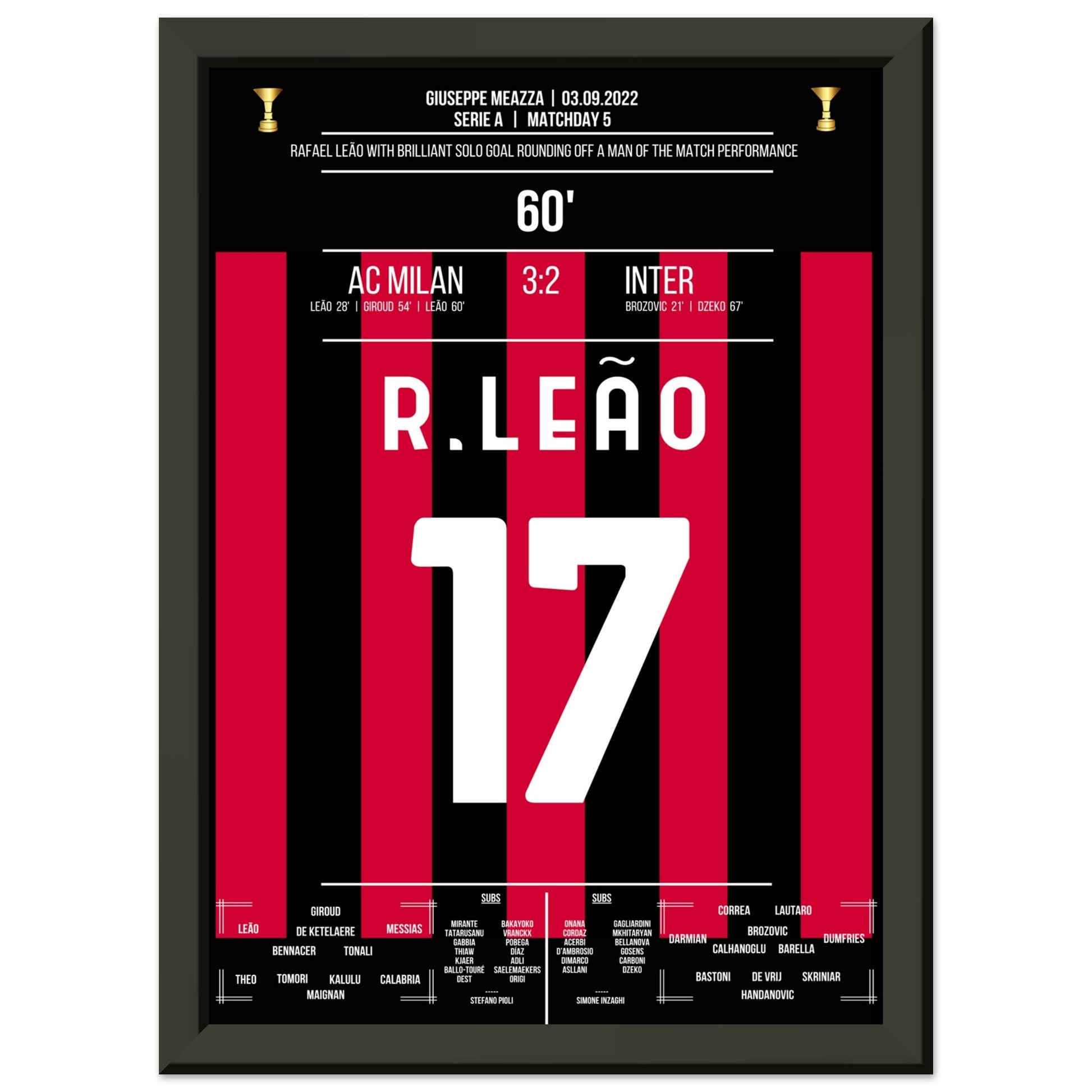 Man Of The Match Performance von Rafael Leão im Derby gegen Inter A4-21x29.7-cm-8x12-Schwarzer-Aluminiumrahmen